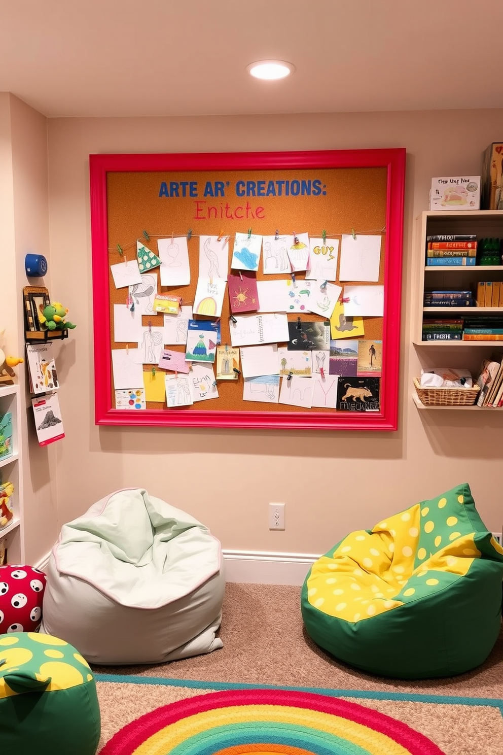 A vibrant DIY art display area for kids creations features a large corkboard framed in bright colors. The board is filled with various artworks, including drawings and paintings, and there are clips and pins for easy swapping of new pieces. The basement playroom design includes cozy seating with bean bags in playful patterns and a soft, colorful rug on the floor. Wall-mounted shelves hold an assortment of toys and books, creating an inviting and organized space for children to play and explore.