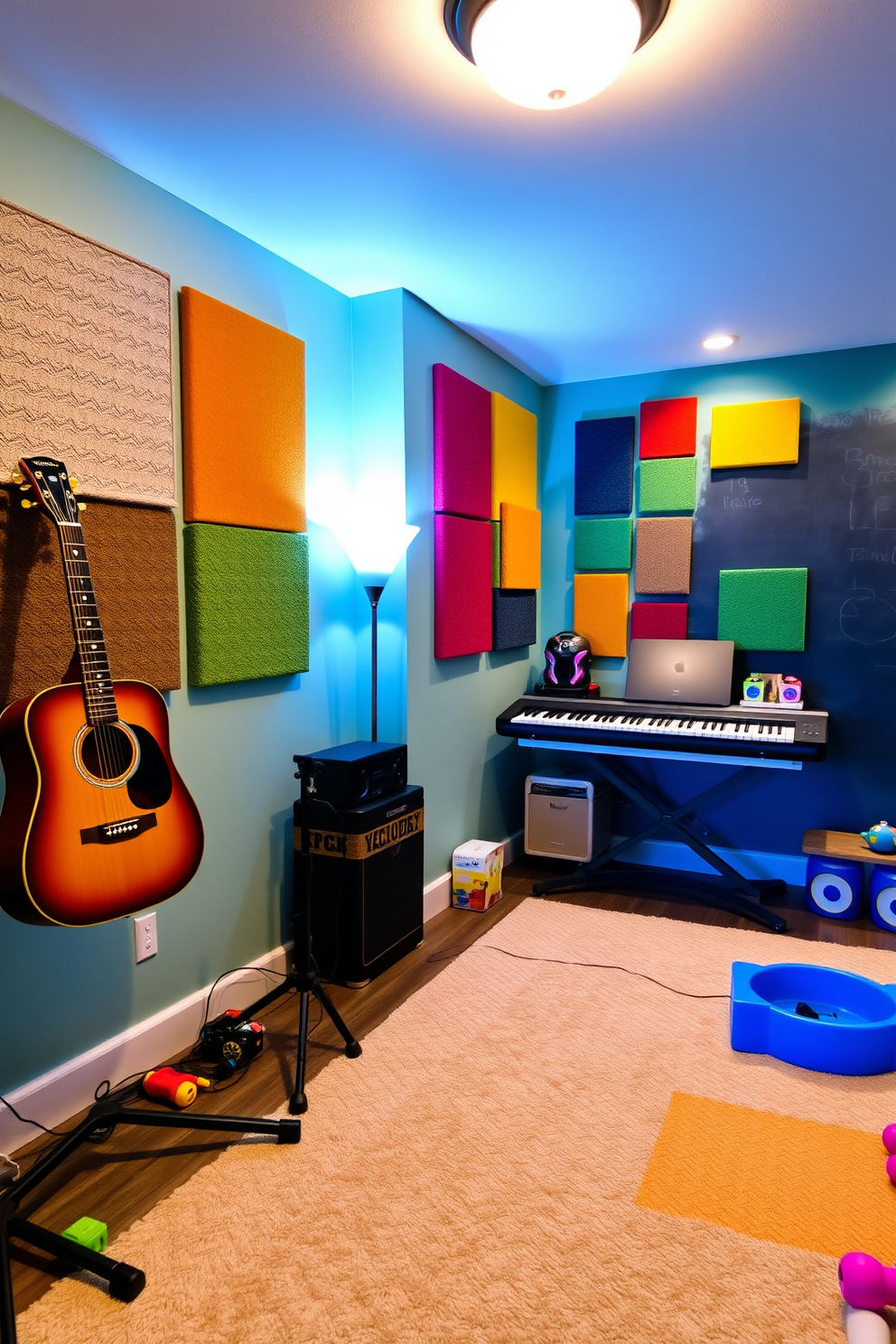 A cozy basement playroom designed for performances and plays. The space features a small stage with a dark curtain backdrop and soft lighting to create an inviting atmosphere. Surrounding the stage, there are comfortable seating options like bean bags and low sofas for the audience. The walls are adorned with colorful artwork and playful decorations to inspire creativity and imagination.