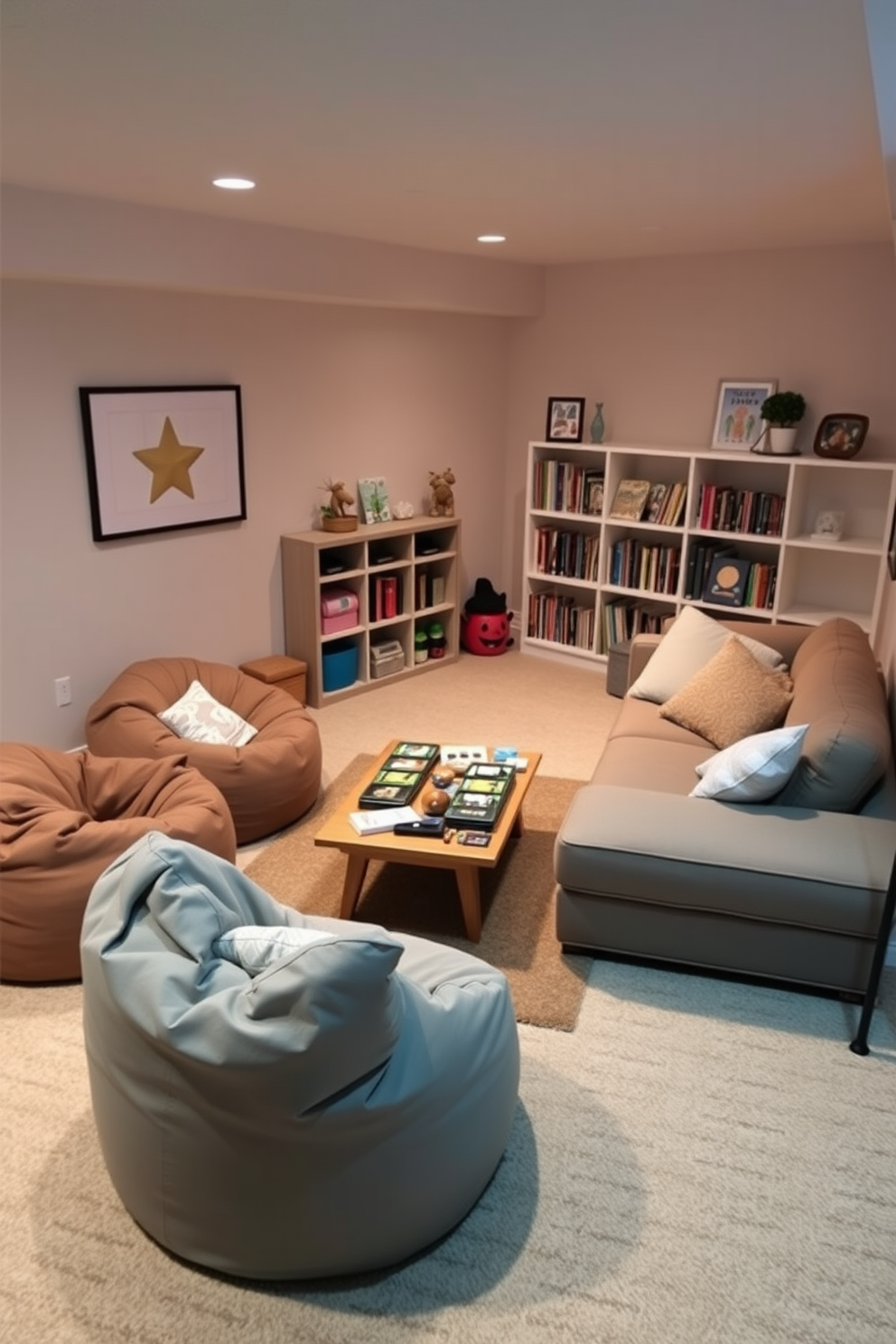 A cozy basement playroom designed for relaxation features soft ambient lighting and comfortable seating arrangements. Plush bean bags and a large sectional sofa create inviting spaces for lounging, while a low coffee table holds an assortment of games and books. The walls are painted in soothing pastel colors, promoting a calm atmosphere. A small area rug adds warmth to the floor, and a corner is dedicated to a mini-library with shelves filled with children's books and toys.