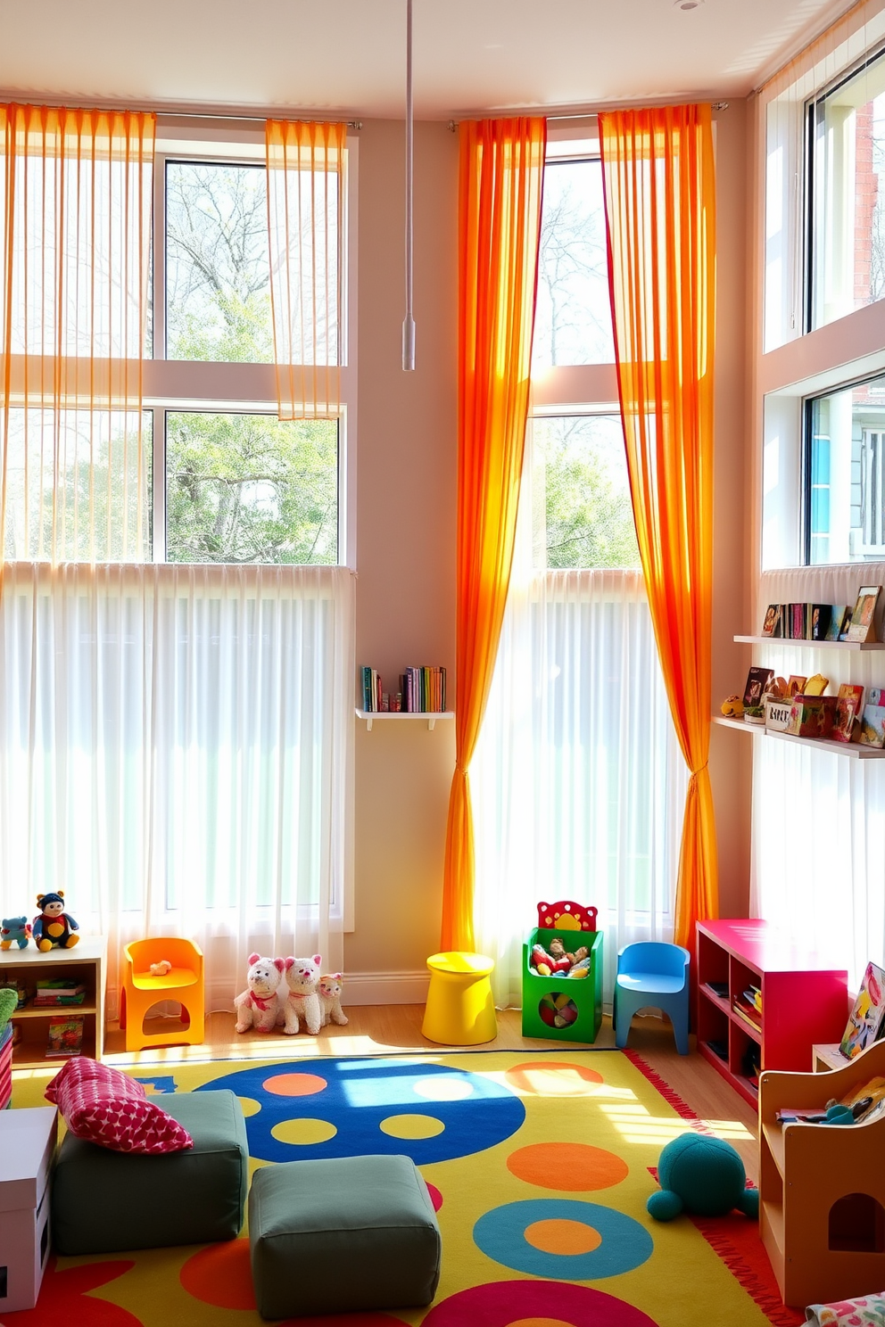 A vibrant basement playroom filled with natural light. Bright curtains adorn the large windows, creating a cheerful atmosphere. The space features colorful rugs and playful furniture designed for comfort and creativity. Wall-mounted shelves display an array of toys and books, inviting imaginative play.