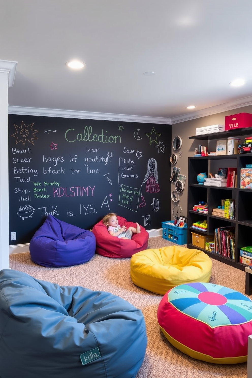 A playful basement playroom features an interactive chalkboard wall that encourages creativity and artistic expression. The space is filled with colorful bean bags, a cozy reading nook, and shelves stocked with toys and games, creating an inviting atmosphere for children to explore and play.