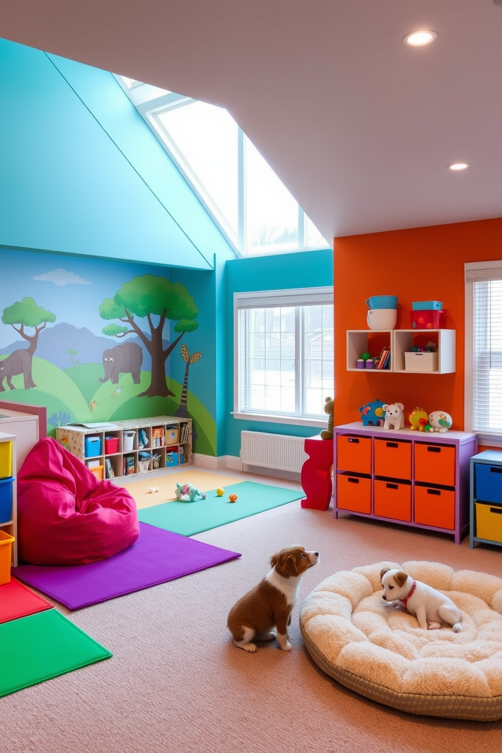 A vibrant basement playroom designed for fun and creativity. The space features colorful wall murals, soft play mats, and a cozy reading nook with bean bags for children and a pet area with a plush bed and toys for furry friends. Brightly colored storage bins are arranged neatly to keep toys organized. Large windows allow natural light to flood the room, creating an inviting atmosphere for play and relaxation.