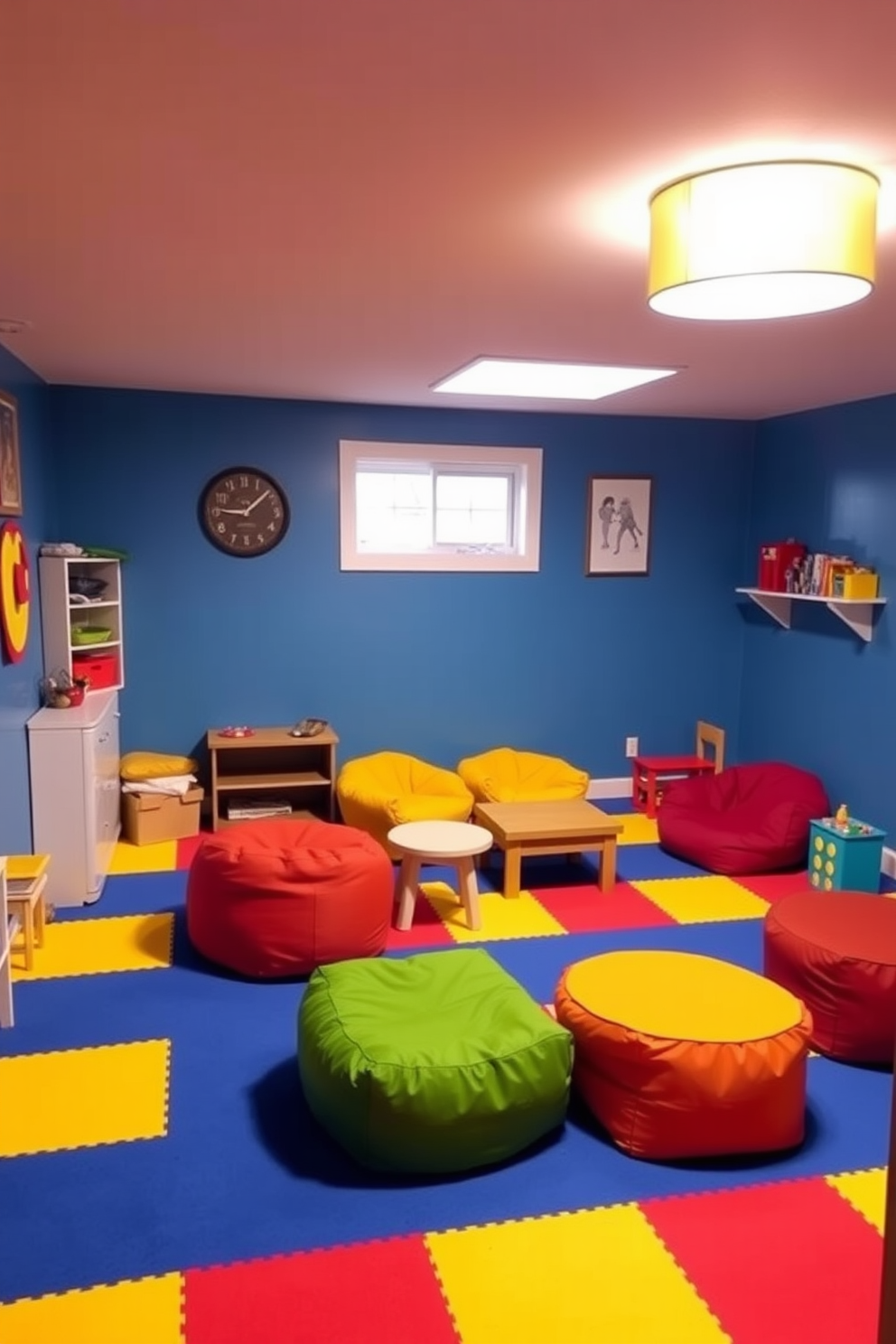 A cozy basement playroom designed for safety and comfort features soft foam flooring in bright, cheerful colors. The space includes a variety of playful furniture, such as bean bags and low tables, creating a welcoming environment for children to play and explore.