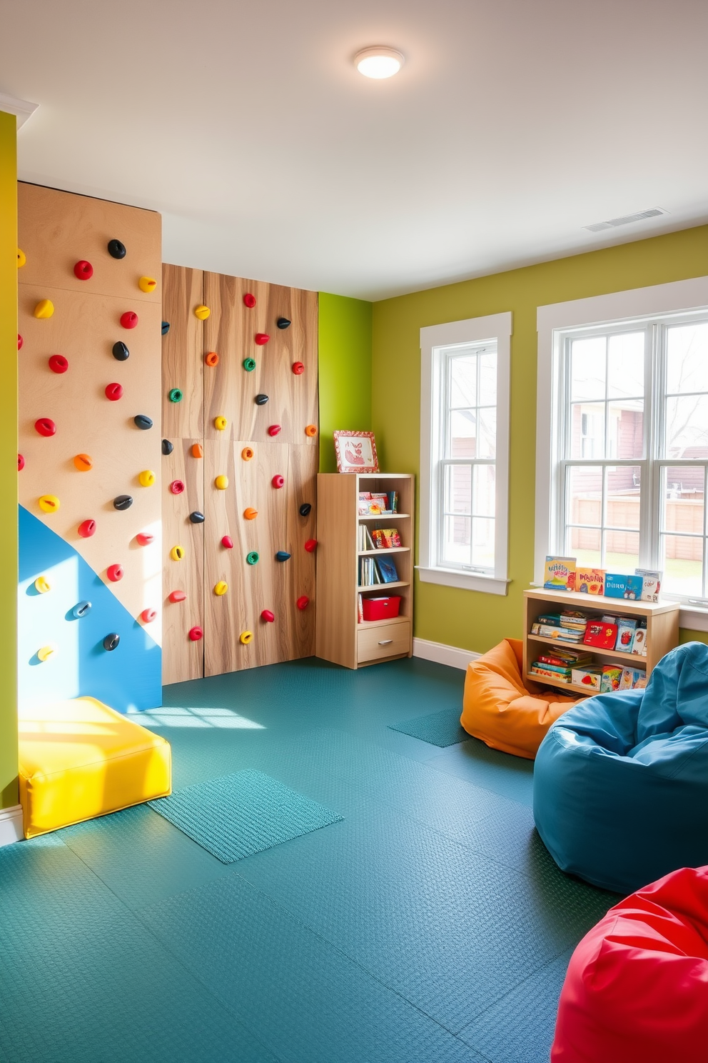 A playful basement playroom features a mini climbing wall designed for children, providing an exciting and active element to the space. The walls are painted in bright, cheerful colors, and soft rubber flooring ensures safety during playtime. Adjacent to the climbing wall, a cozy reading nook is created with oversized bean bags and a small bookshelf filled with colorful children's books. Large windows allow natural light to flood the room, making it an inviting and fun area for kids to explore and enjoy.