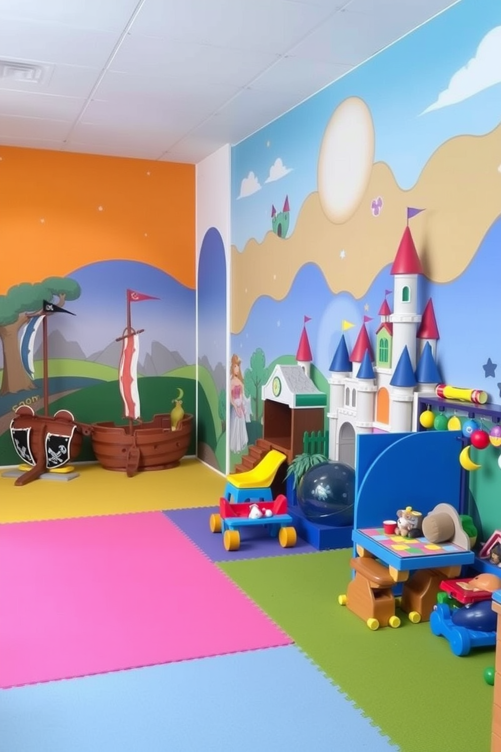 A vibrant play zone designed for imaginative play. The walls are painted in bright colors with whimsical murals depicting fantasy landscapes and characters. Soft play mats cover the floor for safety and comfort. Various themed areas include a pirate ship corner, a fairy tale castle, and a space exploration zone with themed toys and decorations.