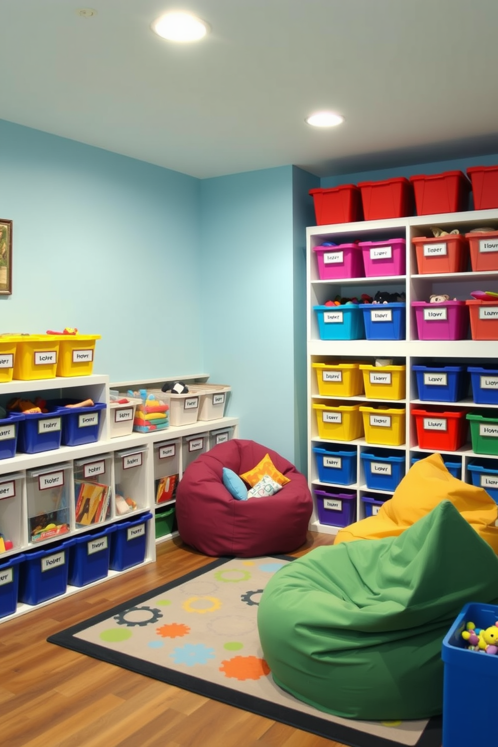 A bright and cheerful basement playroom designed for optimal storage solutions for toys and games. Colorful shelving units line the walls, filled with neatly organized bins and baskets that make it easy for children to access their favorite activities. In the center of the room, a large, soft area rug provides a comfortable play space. A cozy reading nook with bean bags and a small bookshelf encourages quiet time amidst the playful environment.