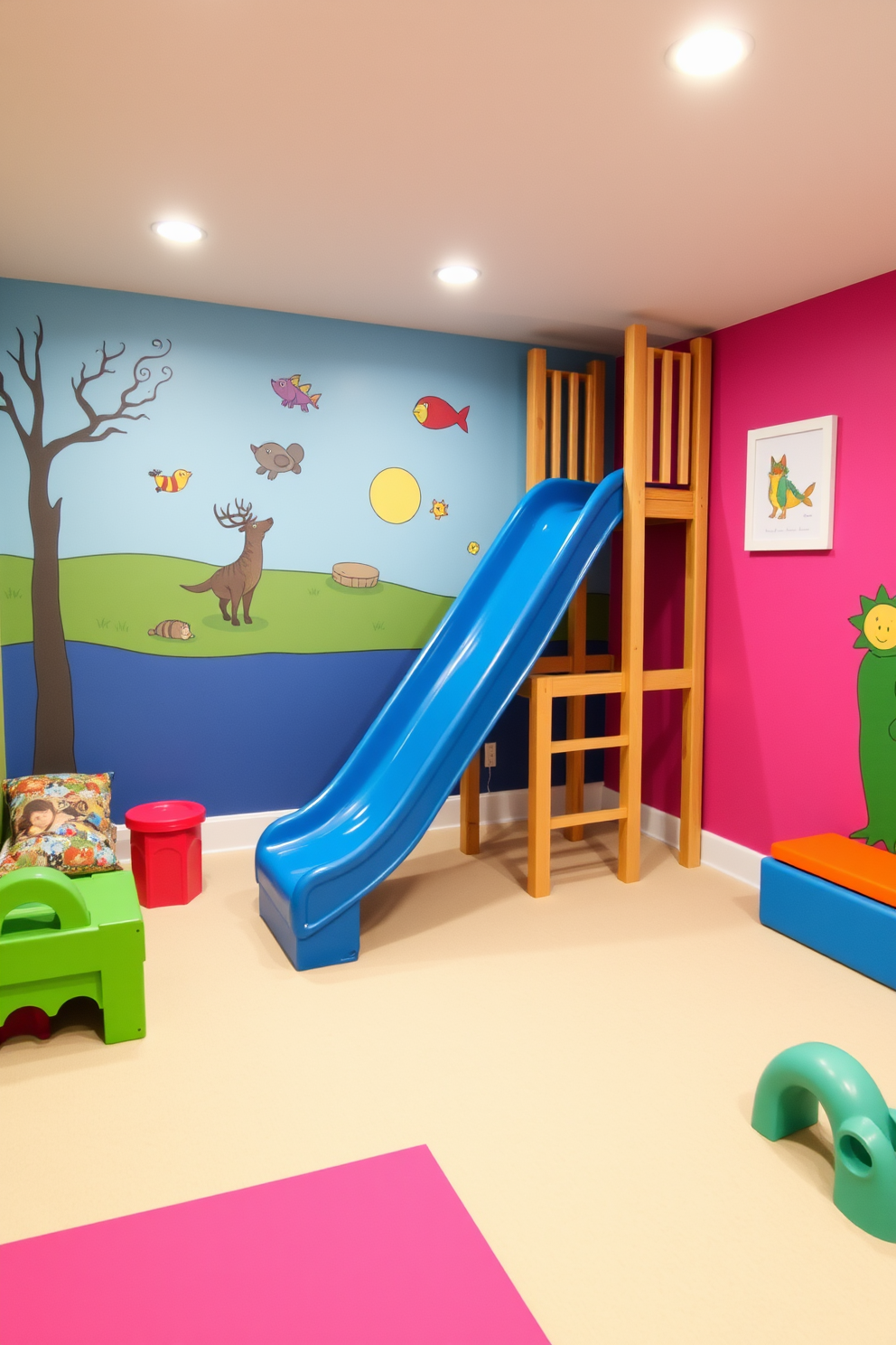 A vibrant basement playroom featuring a fun slide that connects different levels. The walls are painted in bright colors with playful murals, and soft foam flooring provides a safe play area for children.