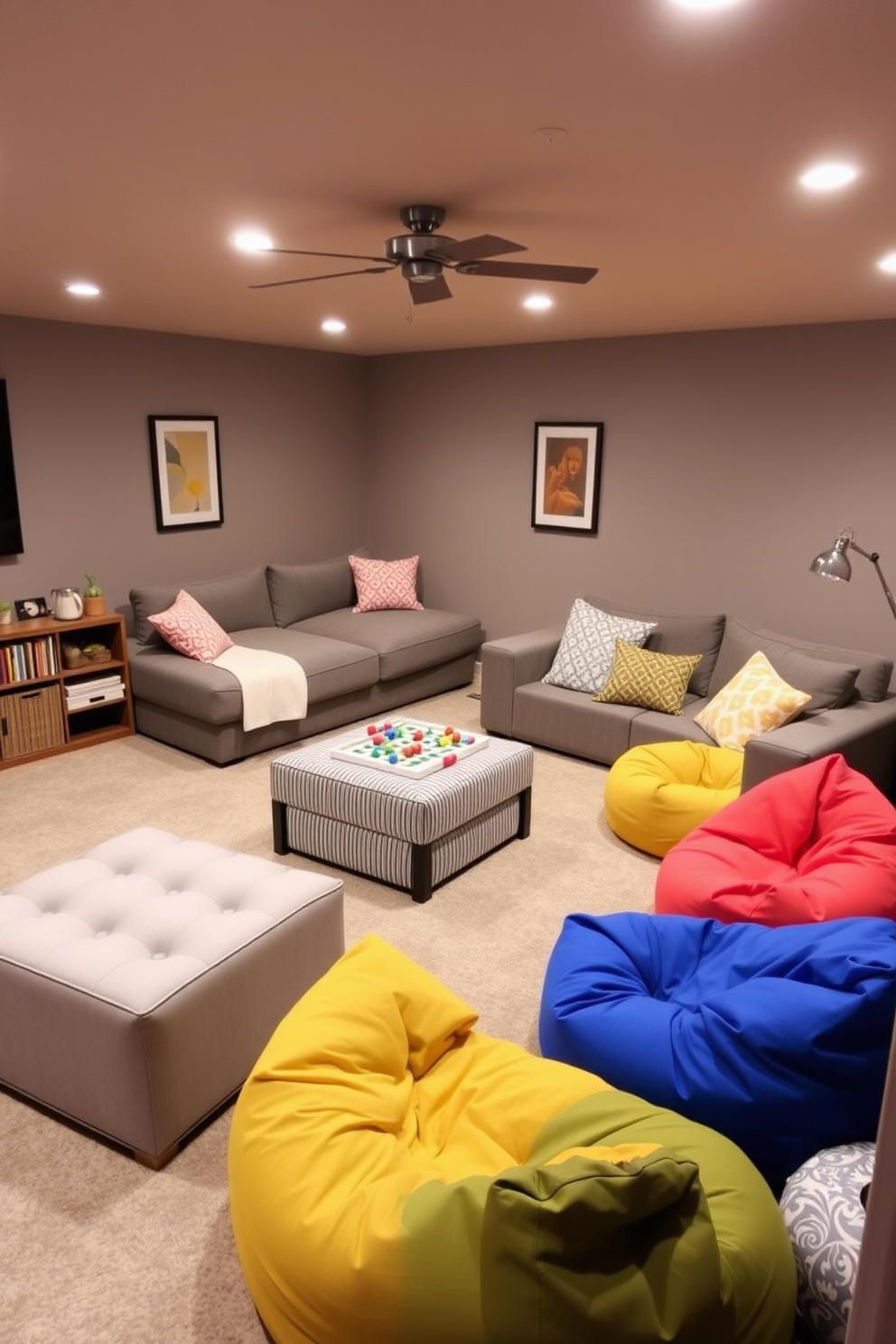 A cozy basement playroom featuring multi-functional furniture that maximizes space. A large sectional sofa doubles as a bed for guests and is paired with a coffee table that can be transformed into a game table. In one corner, a storage ottoman provides seating while also keeping toys organized. Brightly colored bean bags surround a low table, creating a playful area for kids to engage in activities.