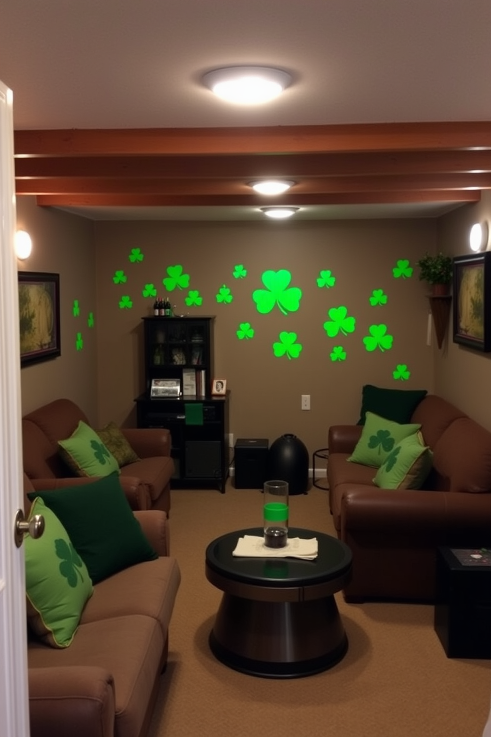 A cozy basement space decorated for St. Patrick's Day features vibrant green shamrock wall decals adding a festive flair. The room is filled with comfortable seating and soft lighting, creating a warm and inviting atmosphere perfect for celebrating the holiday.