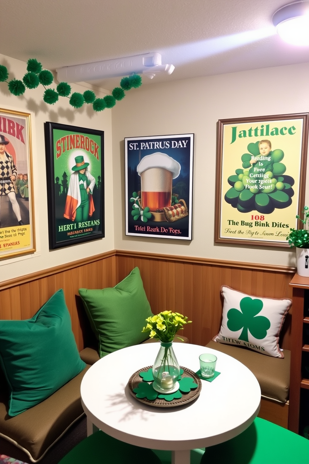 A festive St. Patrick's Day themed table runner is adorned with vibrant green shamrocks and gold accents. The runner drapes elegantly across a rustic wooden table, complemented by white dinnerware and sparkling glassware. In the basement, cozy decorations celebrate St. Patrick's Day with green and gold streamers hanging from the ceiling. A collection of themed pillows and throws on a comfortable sofa invites guests to relax and enjoy the festive atmosphere.