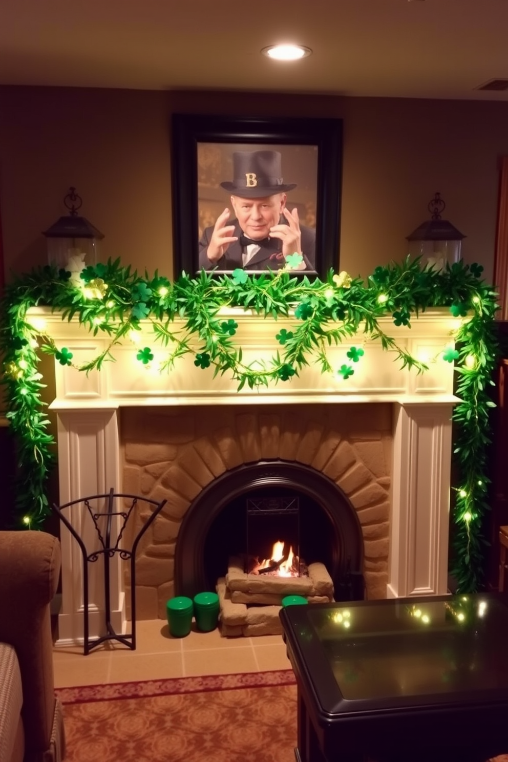 A cozy basement space decorated for St. Patrick's Day features green and gold garlands elegantly draped across the mantel. The warm lighting highlights the festive decorations, creating an inviting atmosphere for celebration.