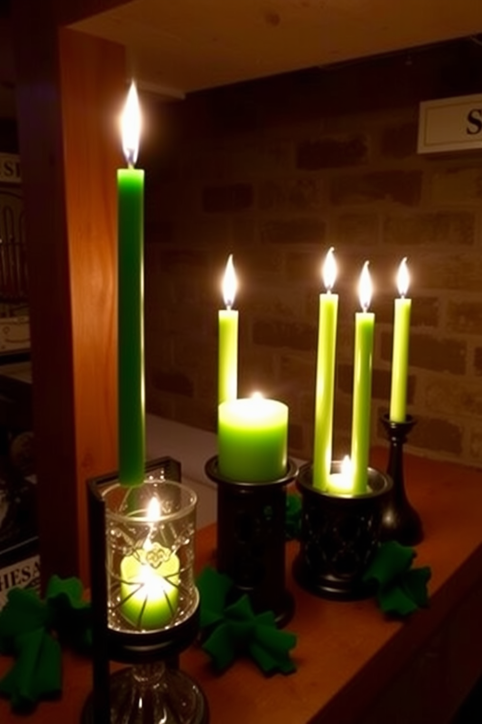 A cozy basement setting adorned with green candles in decorative holders. The candles cast a warm glow, enhancing the festive atmosphere for St. Patrick's Day celebrations.