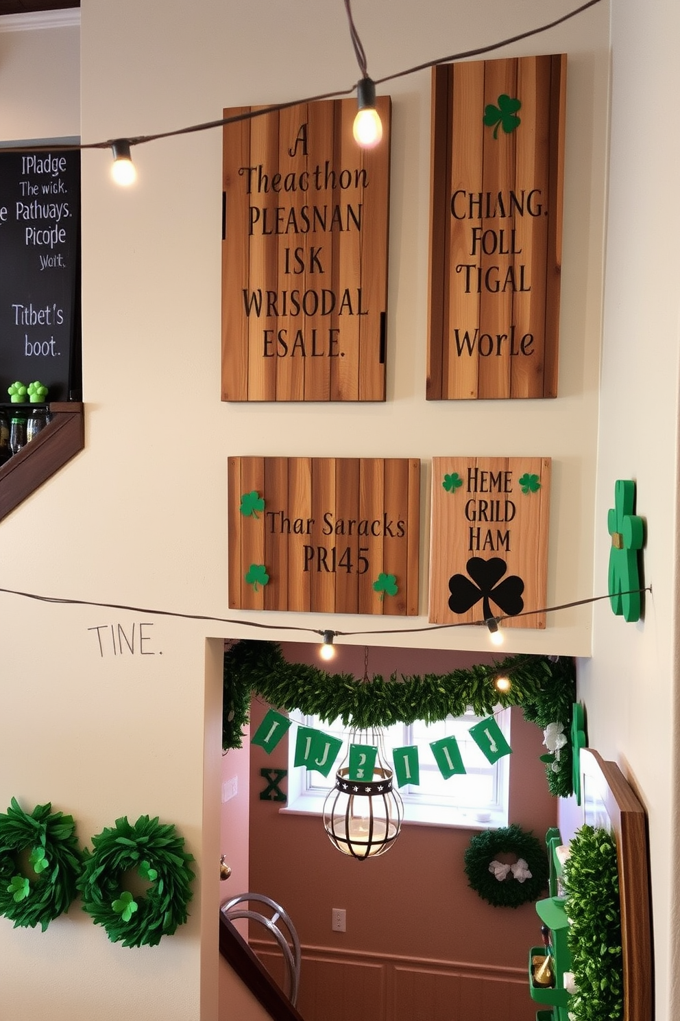 Rustic wooden signs adorned with charming Irish sayings hang on the walls, creating a warm and inviting atmosphere. The signs are crafted from reclaimed wood, featuring a natural finish that enhances their rustic appeal. In the basement, festive decorations for St. Patrick's Day are thoughtfully arranged, incorporating green accents and traditional symbols. String lights twinkle above, illuminating the space and adding a cheerful glow to the celebration.