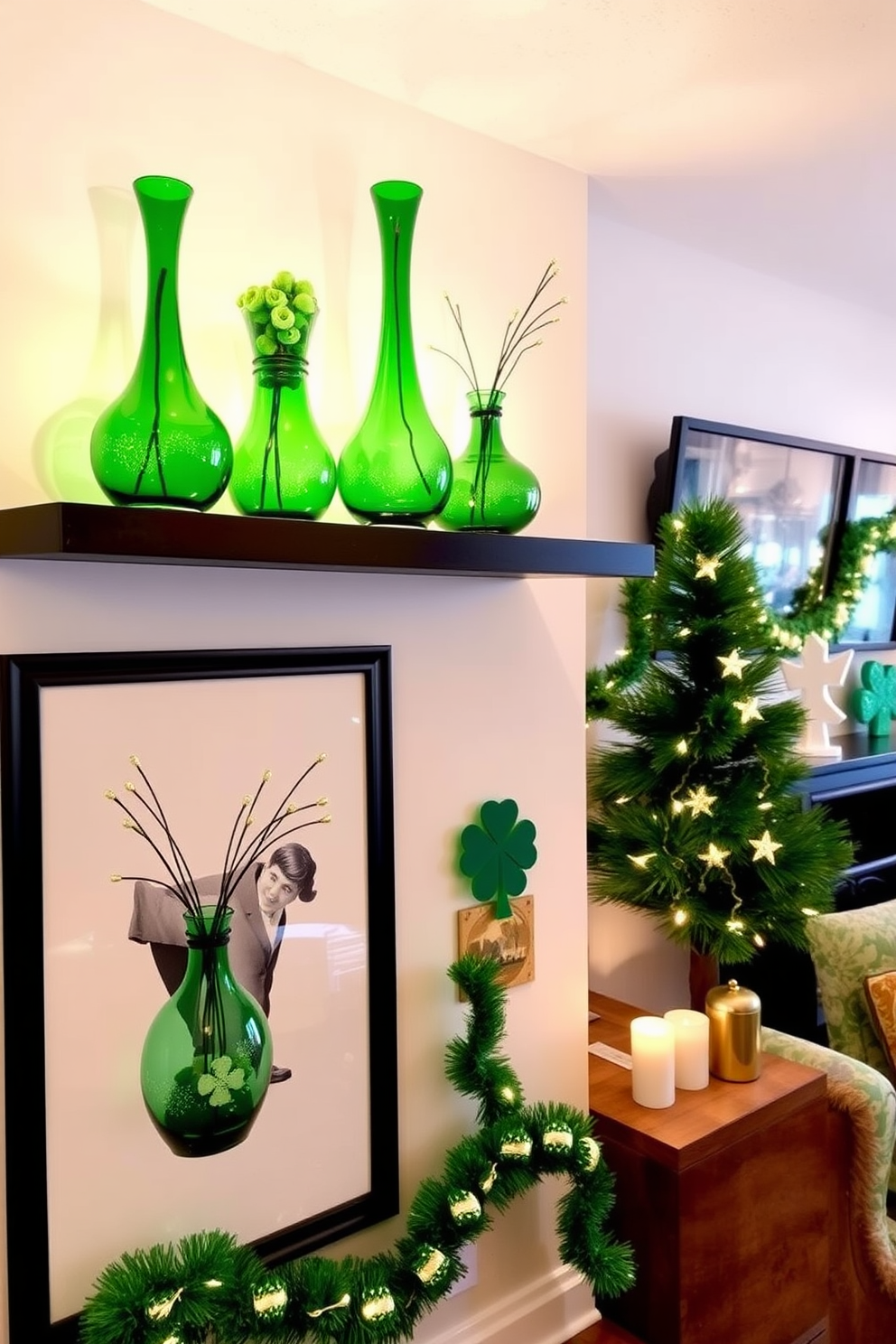 Decorative green glass vases are elegantly arranged on floating shelves, adding a touch of sophistication to the space. The vases vary in height and shape, showcasing vibrant greenery and seasonal accents for a festive St. Patrick's Day theme. The basement is transformed into a cozy gathering spot, adorned with charming decorations that celebrate the spirit of St. Patrick's Day. Soft lighting enhances the ambiance, while playful touches like shamrock garlands and gold accents create a welcoming atmosphere.