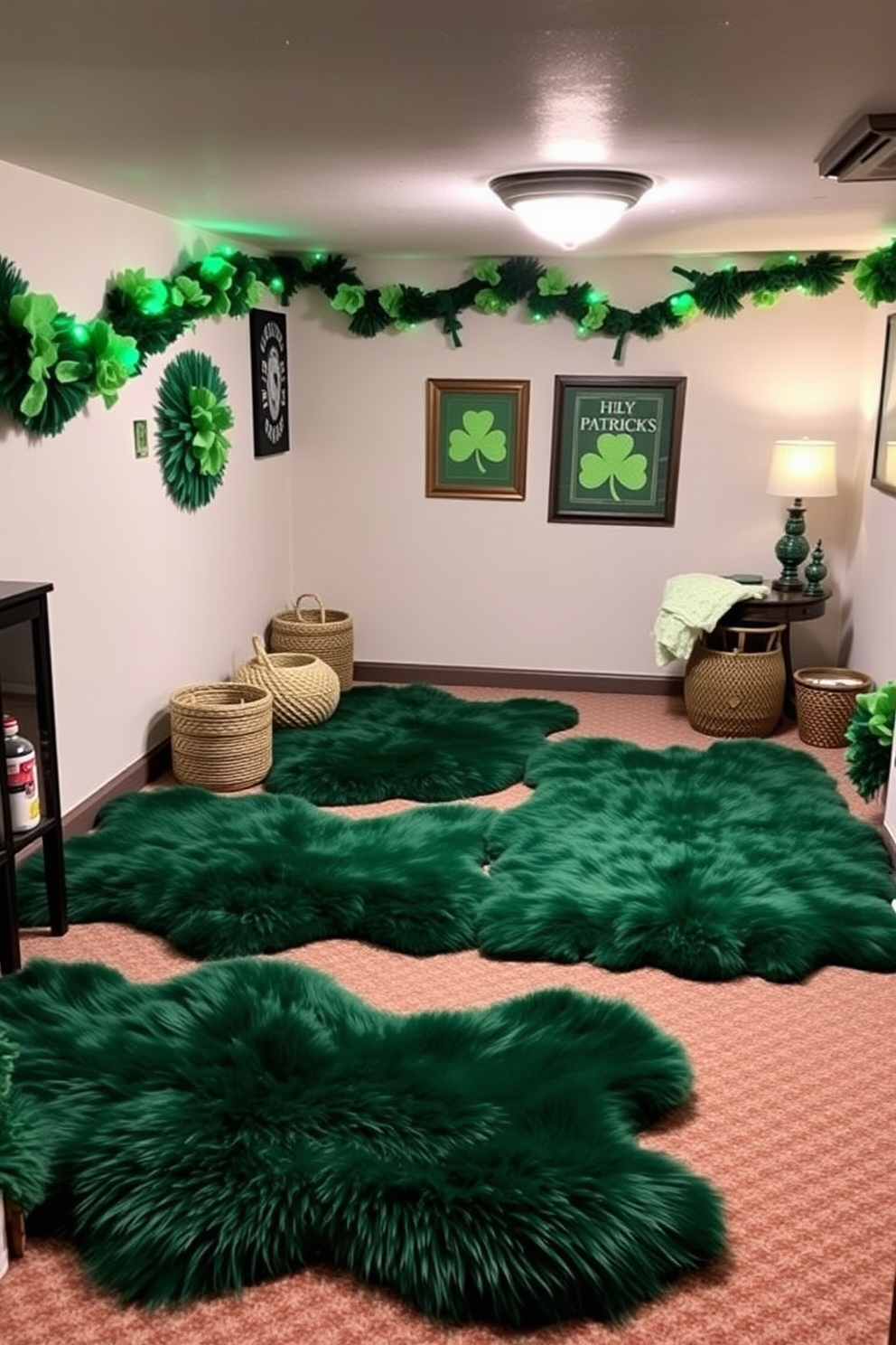 A cozy basement setting adorned with faux fur green rugs that bring warmth and texture to the space. The walls are decorated with festive St. Patrick's Day accents, including shamrock garlands and green-themed artwork.