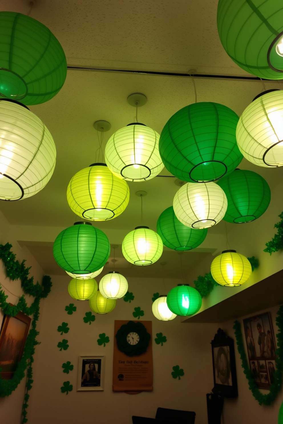 A cozy basement space adorned with hanging paper lanterns in various shades of green. The walls are decorated with festive St. Patrick's Day decorations, including shamrocks and garlands, creating a cheerful atmosphere.