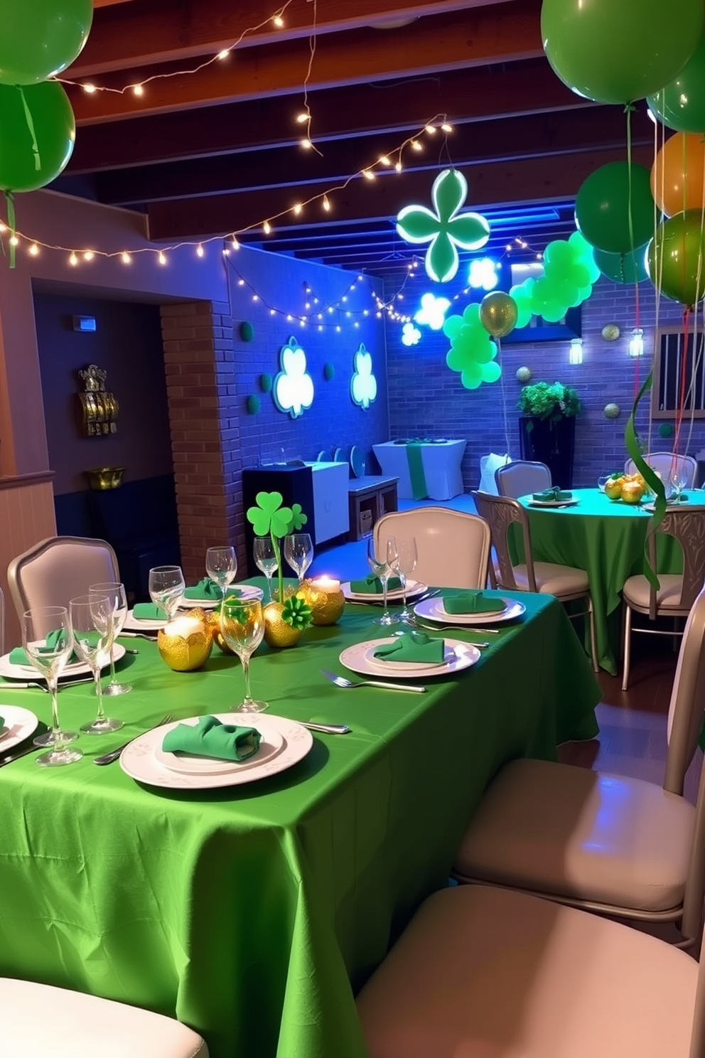 A festive St. Patrick's Day themed table setting features a vibrant green tablecloth adorned with golden shamrock centerpieces. Surrounding the table are elegant white dinnerware and sparkling glassware, each place setting accented with a small green napkin folded in the shape of a shamrock. In the basement, St. Patrick's Day decorations create a warm and inviting atmosphere. String lights in the shape of shamrocks hang from the ceiling, while green and gold balloons are scattered around the space, enhancing the celebratory vibe.