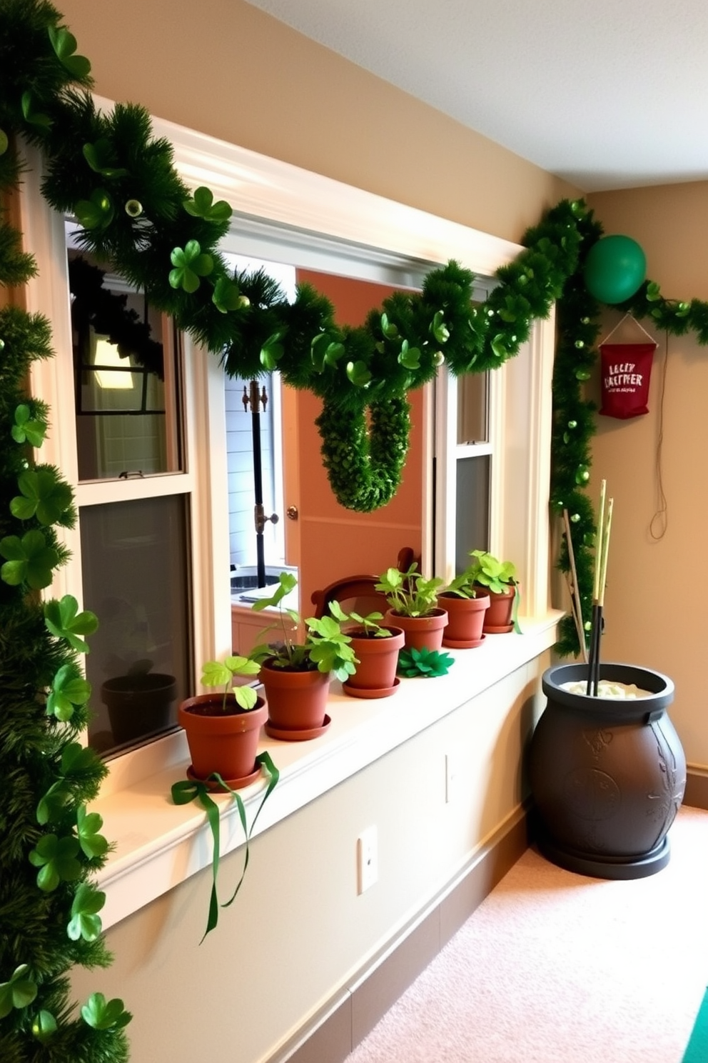 A festive St. Patrick's Day themed glassware display featuring an array of green and gold glasses arranged on a rustic wooden shelf. Twinkling fairy lights are draped around the shelf, adding a warm glow to the vibrant glassware. The basement is adorned with playful St. Patrick's Day decorations including shamrock banners and green streamers. A cozy seating area is set up with green cushions and a themed tablecloth, creating a welcoming atmosphere for celebrations.