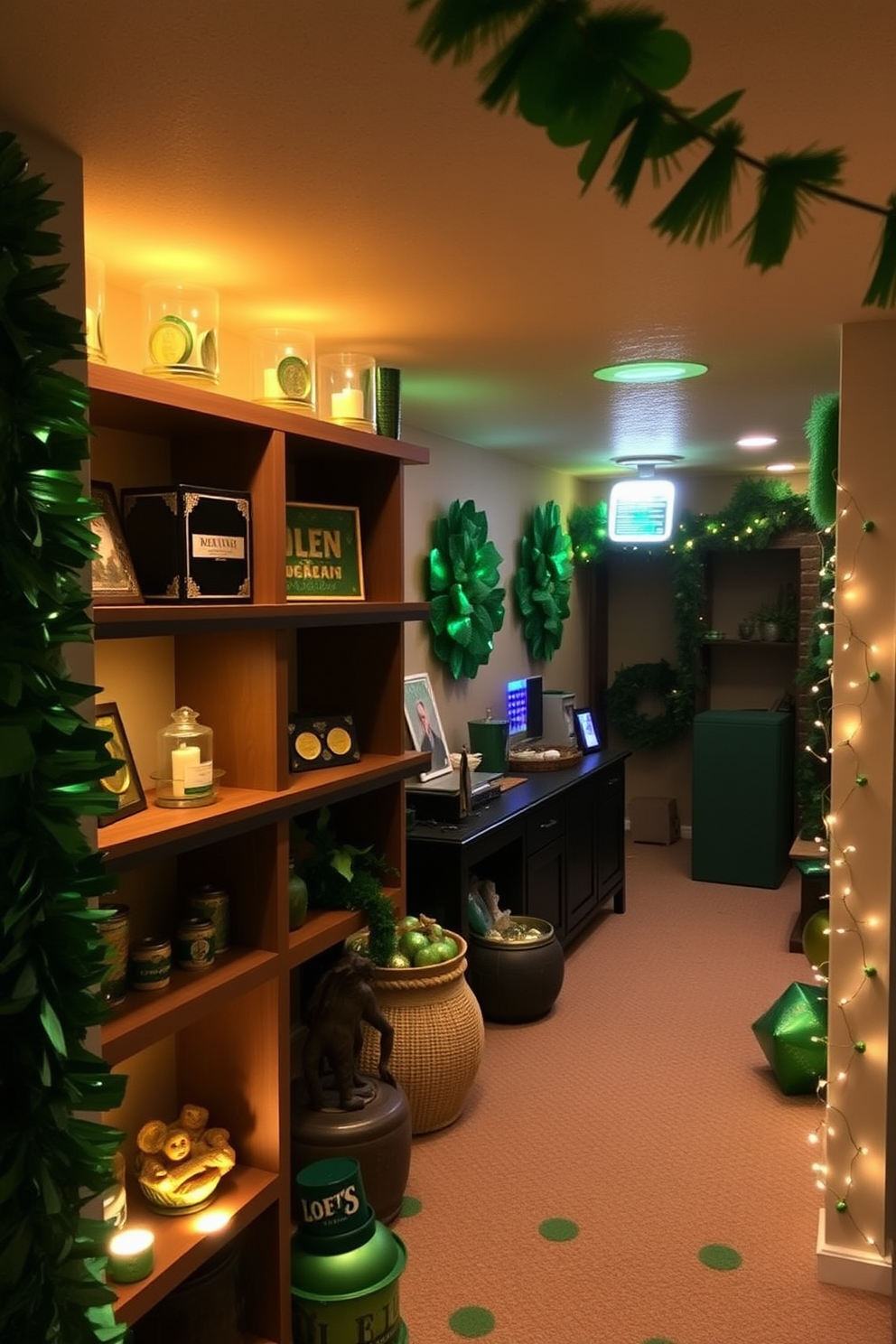 A cozy basement decorated for St. Patrick's Day features shelves adorned with gold coin accents. The warm ambient lighting creates a festive atmosphere, complemented by green and gold decorations throughout the space.