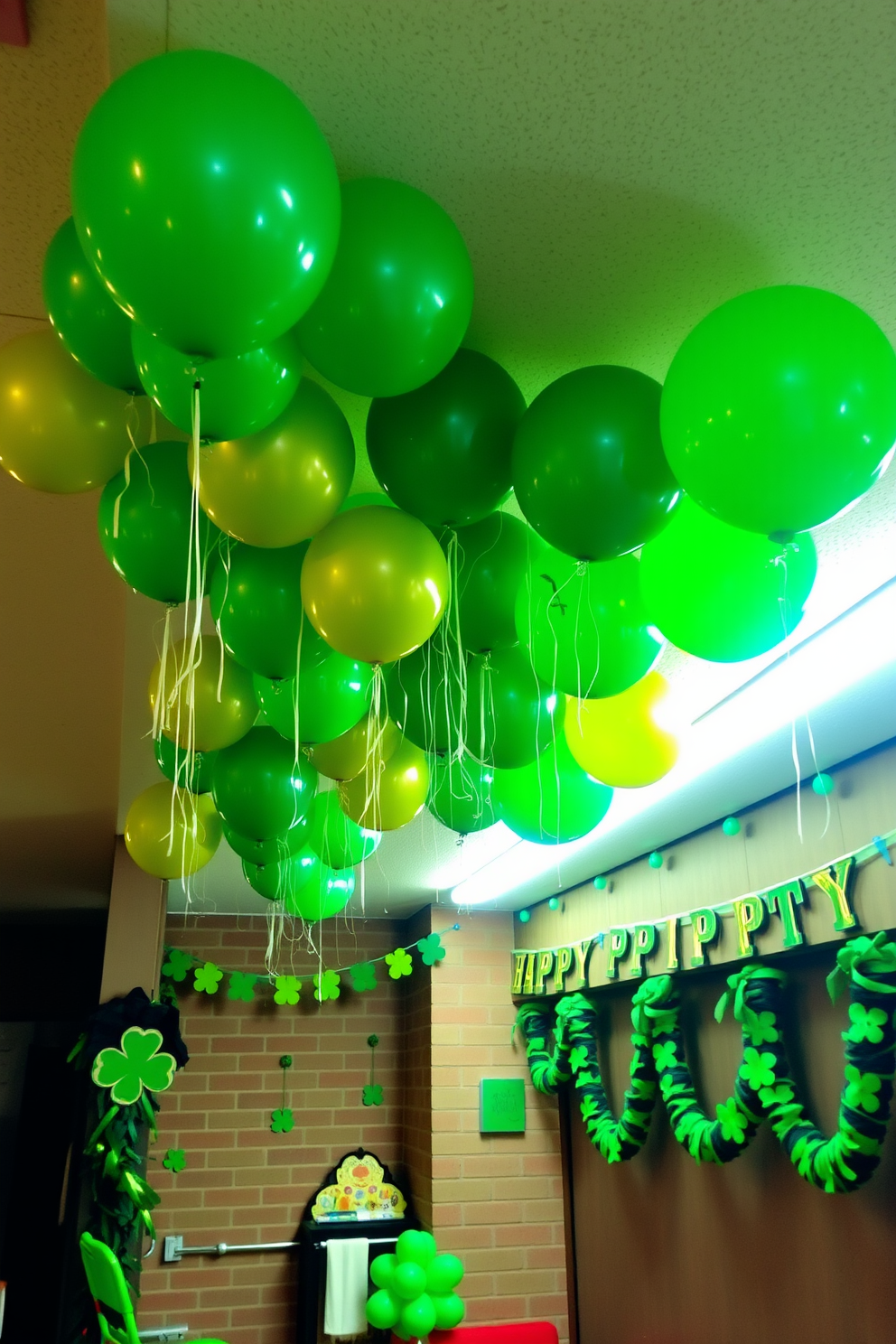 A lively basement decorated for St. Patrick's Day features clusters of green and gold balloons floating from the ceiling. The walls are adorned with shamrock garlands and festive banners, creating a cheerful atmosphere for celebration.