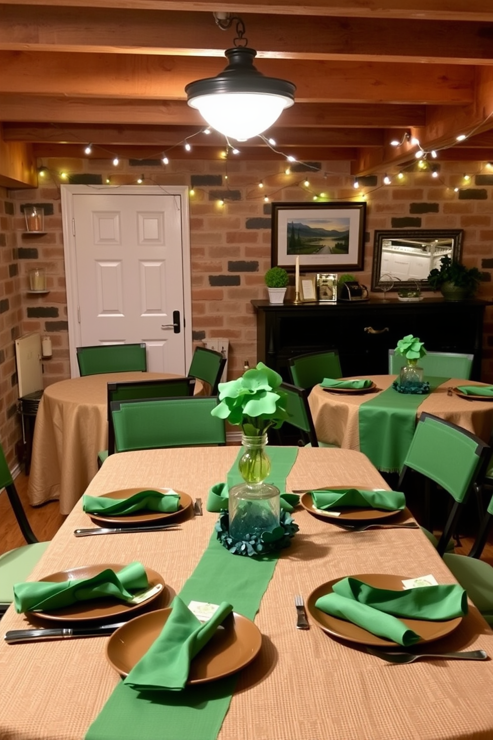 A cozy basement space is adorned with burlap tablecloths that feature elegant green accents. The table is set for a St. Patrick's Day celebration, with shamrock centerpieces and twinkling fairy lights enhancing the festive atmosphere.