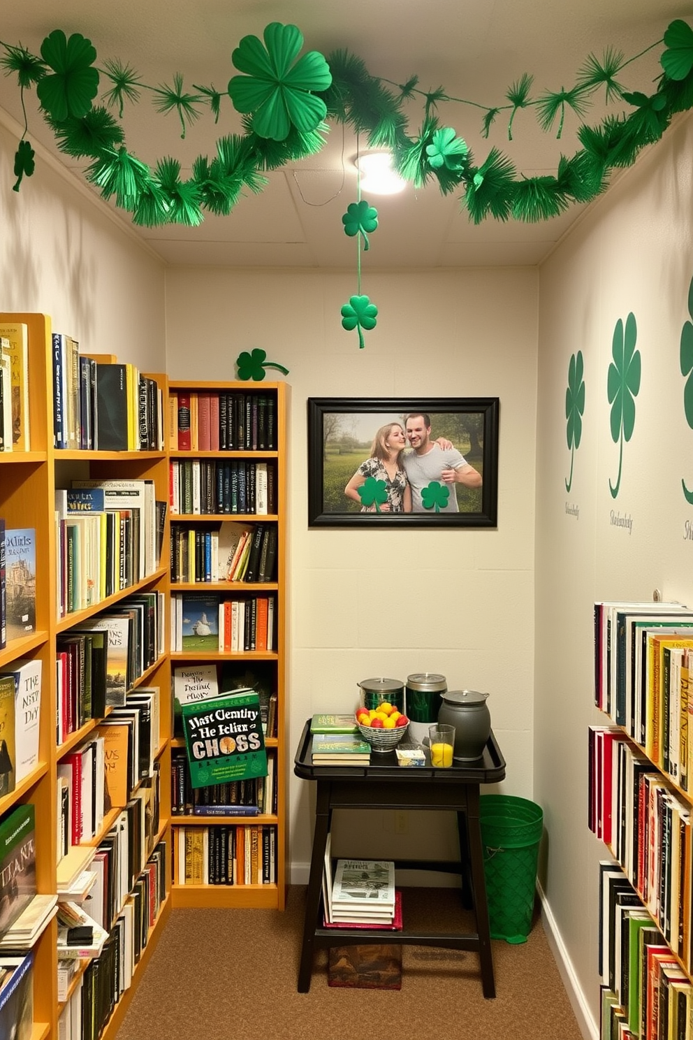 A cozy basement nook adorned with Irish themed books on display. The shelves are filled with various titles about Irish culture, history, and folklore, creating an inviting atmosphere perfect for reading. Festive St. Patrick's Day decorations hang from the ceiling, including green garlands and shamrock-shaped ornaments. A small table is set up with themed snacks and drinks, enhancing the celebratory vibe of the space.