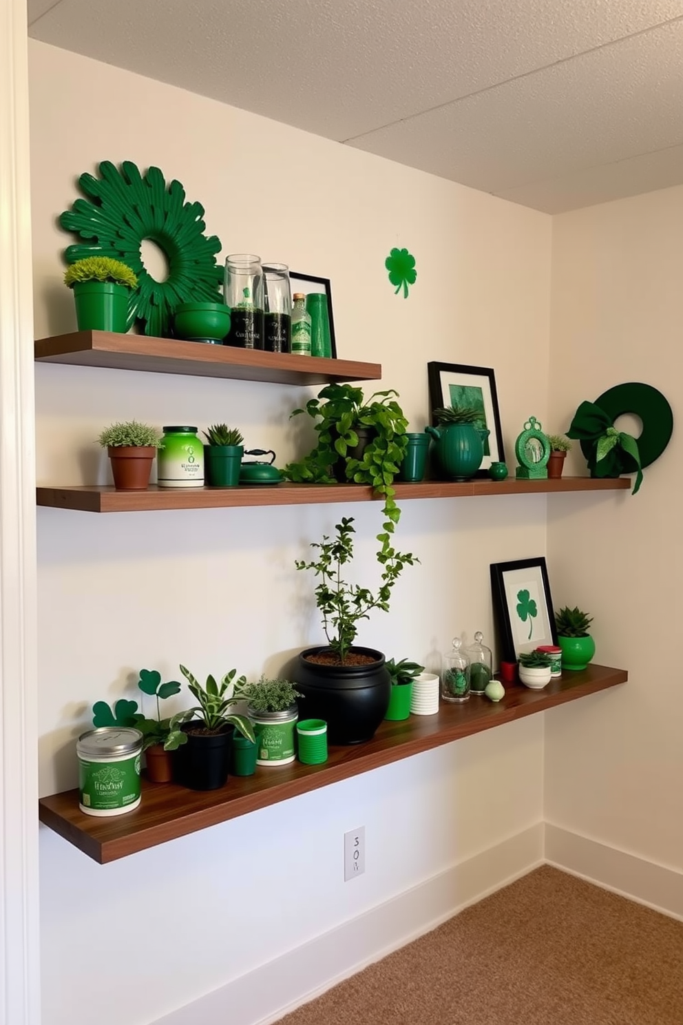 A cozy basement setting featuring wall-mounted shelves adorned with various shades of green decor. The shelves display a mix of potted plants and decorative items that evoke the spirit of St. Patrick's Day, creating a festive yet inviting atmosphere.