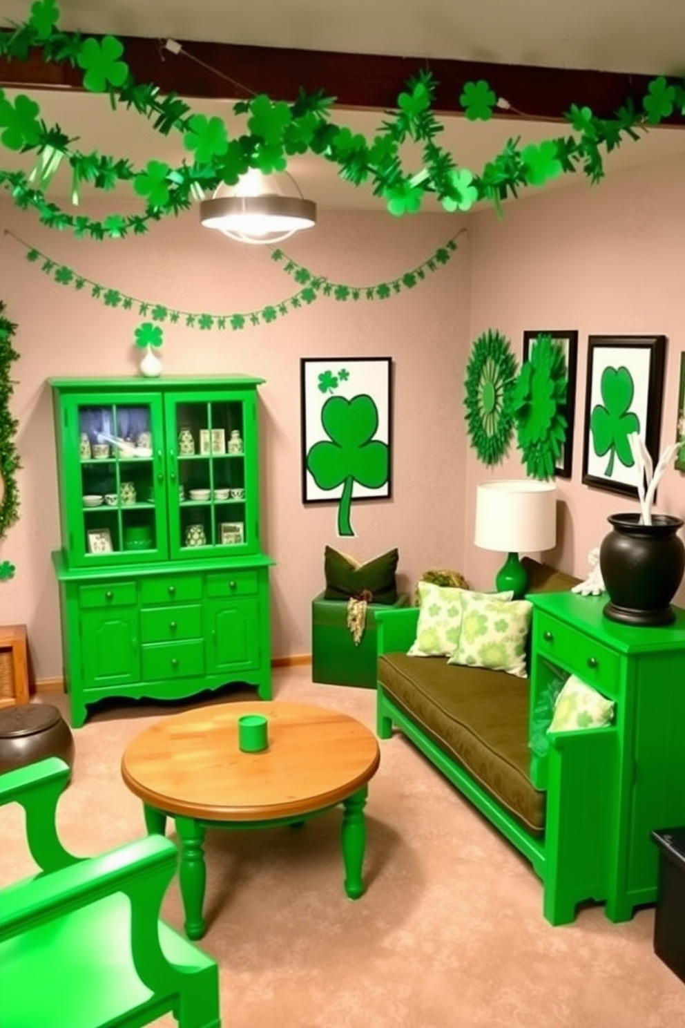 A cozy basement setting adorned with framed family photos in green frames that add a personal touch to the space. The walls are painted in a soft beige, creating a warm atmosphere perfect for family gatherings. For St. Patrick's Day, the decor features cheerful green and gold accents throughout the room. Shamrock-themed decorations are placed on shelves, and a festive tablecloth covers the coffee table, inviting celebration and joy.