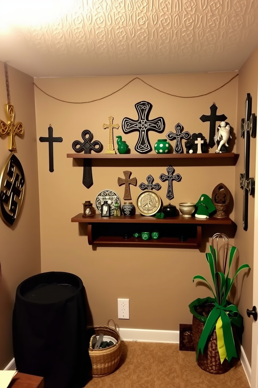 A cozy basement space adorned with Celtic cross decorations that evoke a sense of spirituality. The walls are painted in soft earth tones, and shelves display various symbols of Celtic heritage alongside green and gold accents for St. Patrick's Day.