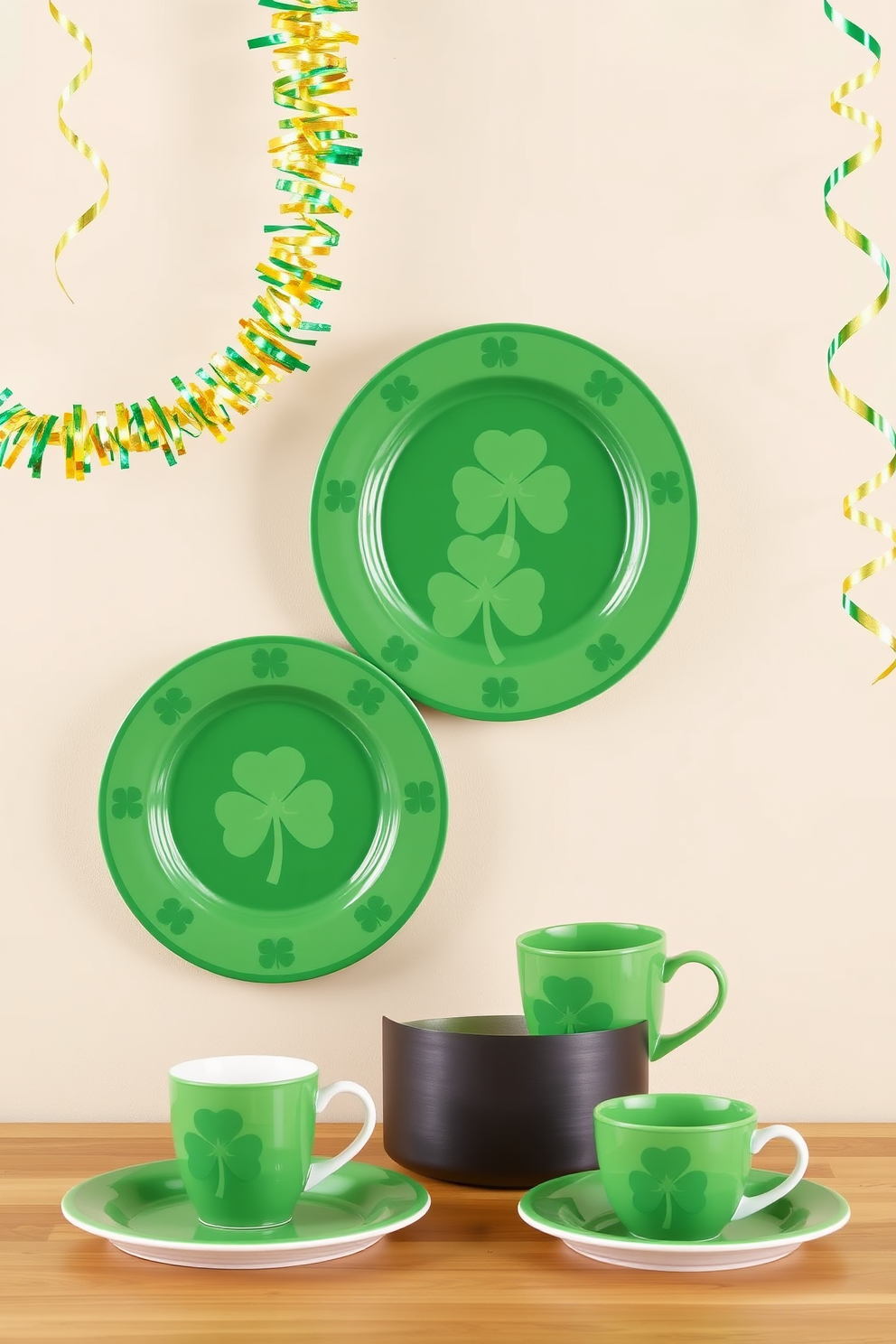 A festive St. Patrick's Day themed dishware set features vibrant green plates adorned with shamrock patterns. The set includes matching mugs and serving bowls, all designed to bring a touch of Irish charm to your dining table. For basement St. Patrick's Day decorating ideas, consider hanging green and gold streamers from the ceiling. Add themed wall art and table centerpieces that celebrate the holiday, creating a cozy and inviting atmosphere.