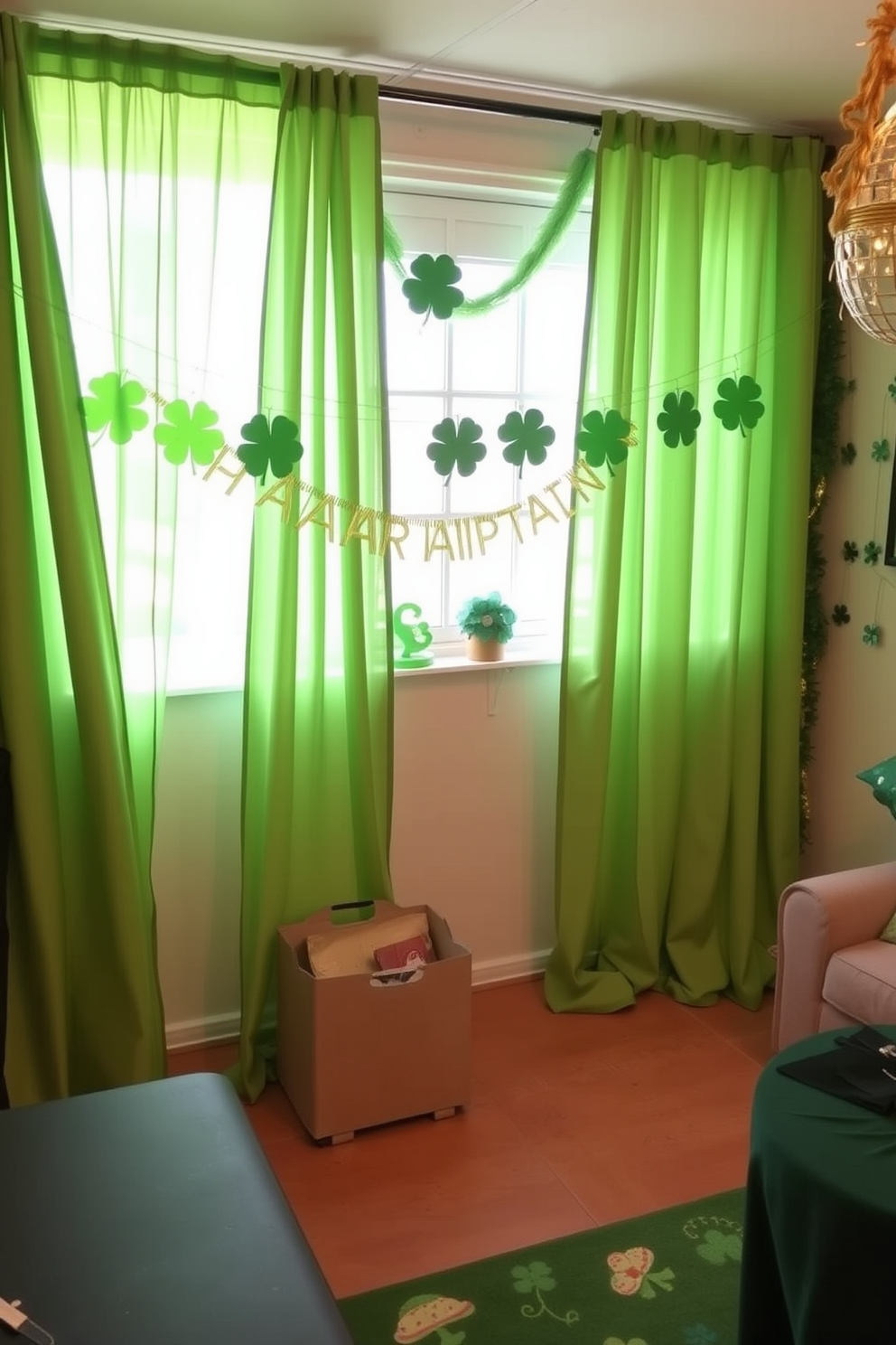 Green curtains to brighten the space. The curtains are made of a light, airy fabric that allows natural light to filter through while adding a vibrant touch to the basement decor. St. Patricks Day decorating ideas include festive garlands and shamrock-themed accents. The space is adorned with playful green and gold decorations, creating a cheerful and inviting atmosphere for the holiday celebration.