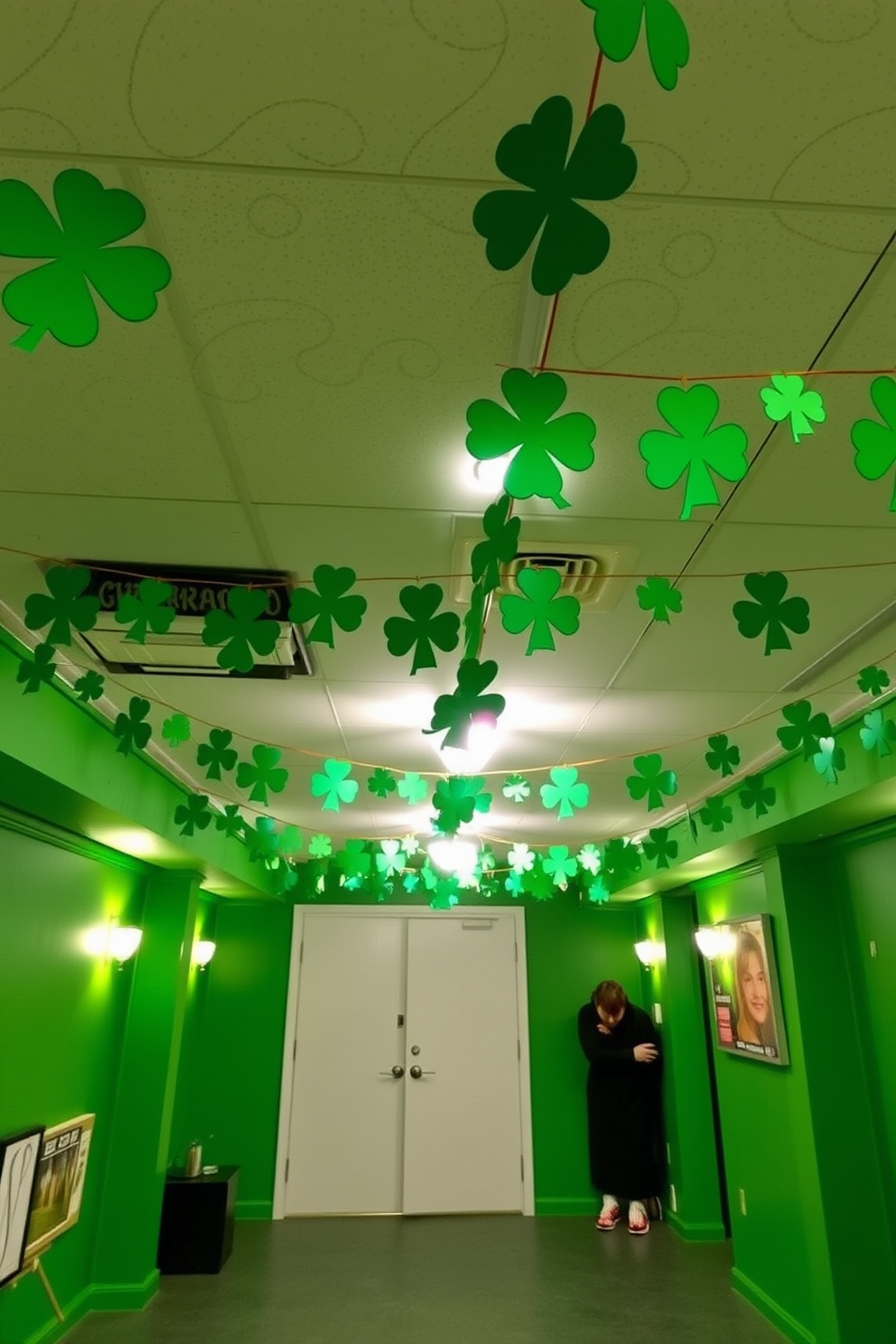 A festive basement setting adorned with vibrant hanging shamrock banners that drape elegantly across the ceiling. The walls are painted in a cheerful green hue, creating a lively atmosphere perfect for St. Patrick's Day celebrations.