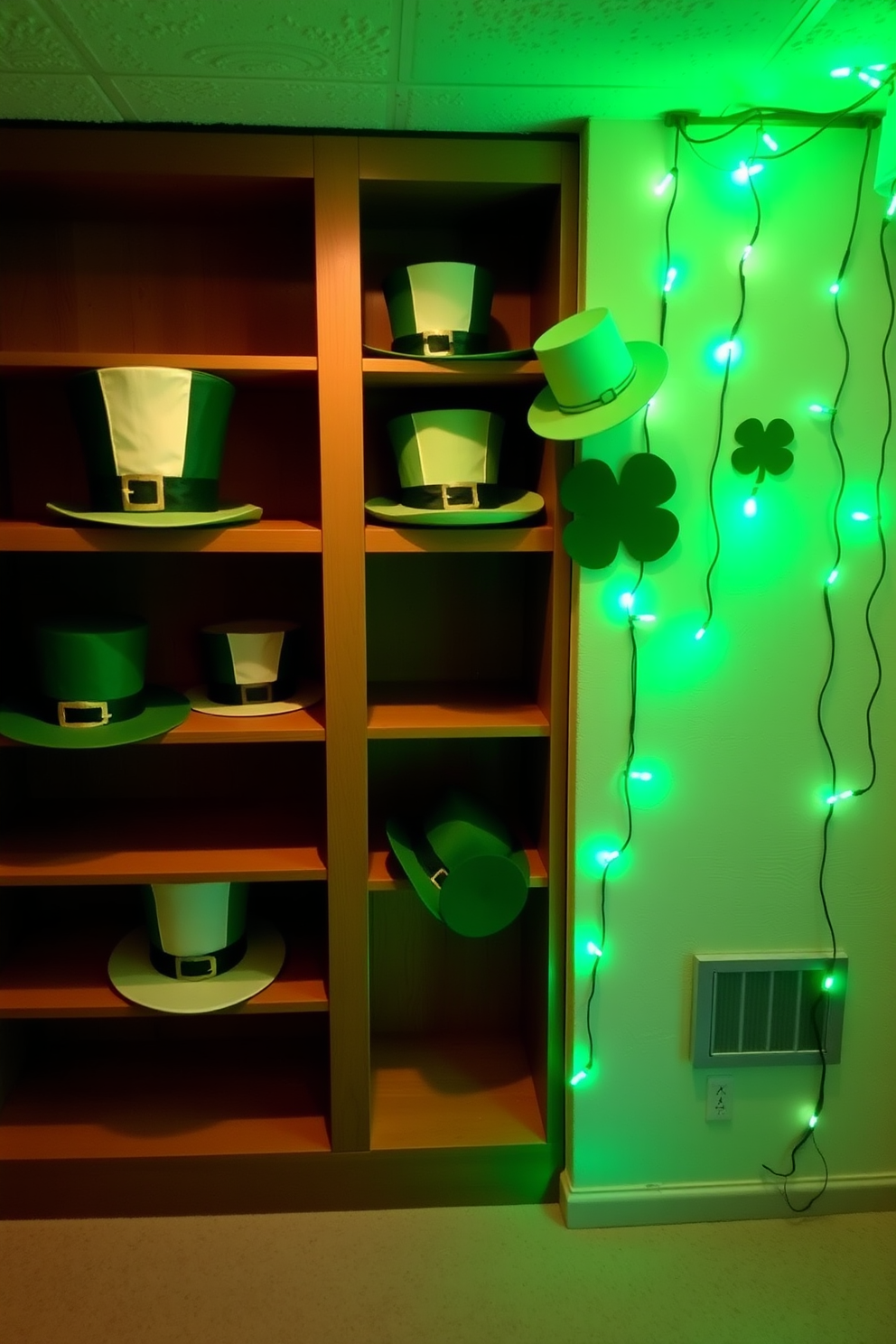 Decorative Irish hats are placed on the shelves and hanging from the walls, adding a playful touch to the basement. Strings of green lights illuminate the space, creating a festive atmosphere for St. Patrick's Day celebrations.