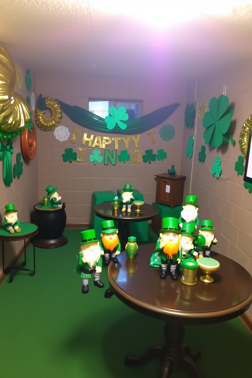 A cozy basement decorated for St. Patrick's Day features charming leprechaun figurines placed on various tables throughout the space. The walls are adorned with green and gold decorations, creating a festive atmosphere that invites celebration.