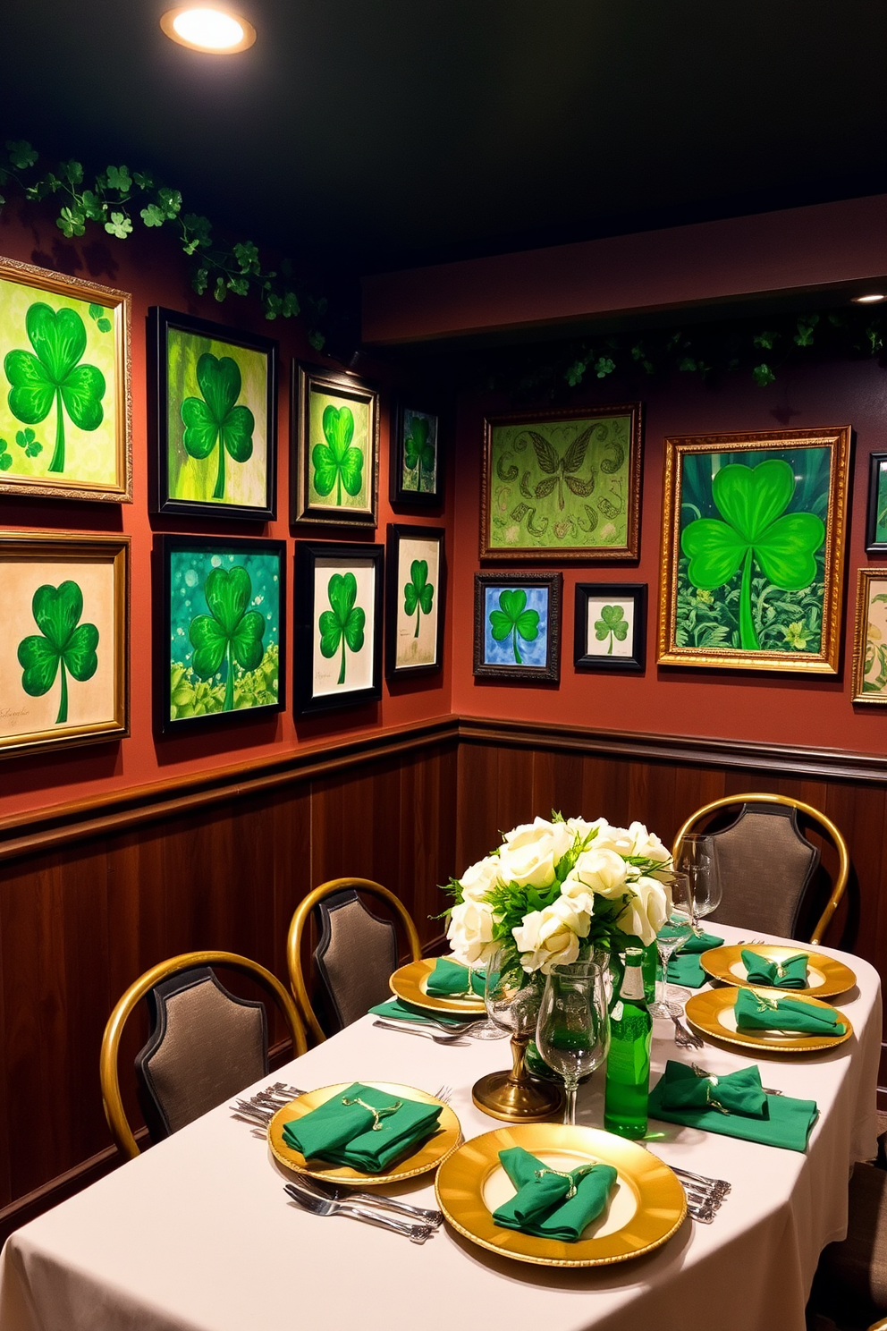 A collection of vibrant green-themed artwork adorns the walls, showcasing the talent of local artists. Each piece complements the cozy ambiance of the basement, creating a refreshing and inviting atmosphere. For St. Patrick's Day, the space is adorned with festive decorations, including shamrock garlands and green accents. A charming display of gold and green tableware adds a touch of elegance to the festive celebration.