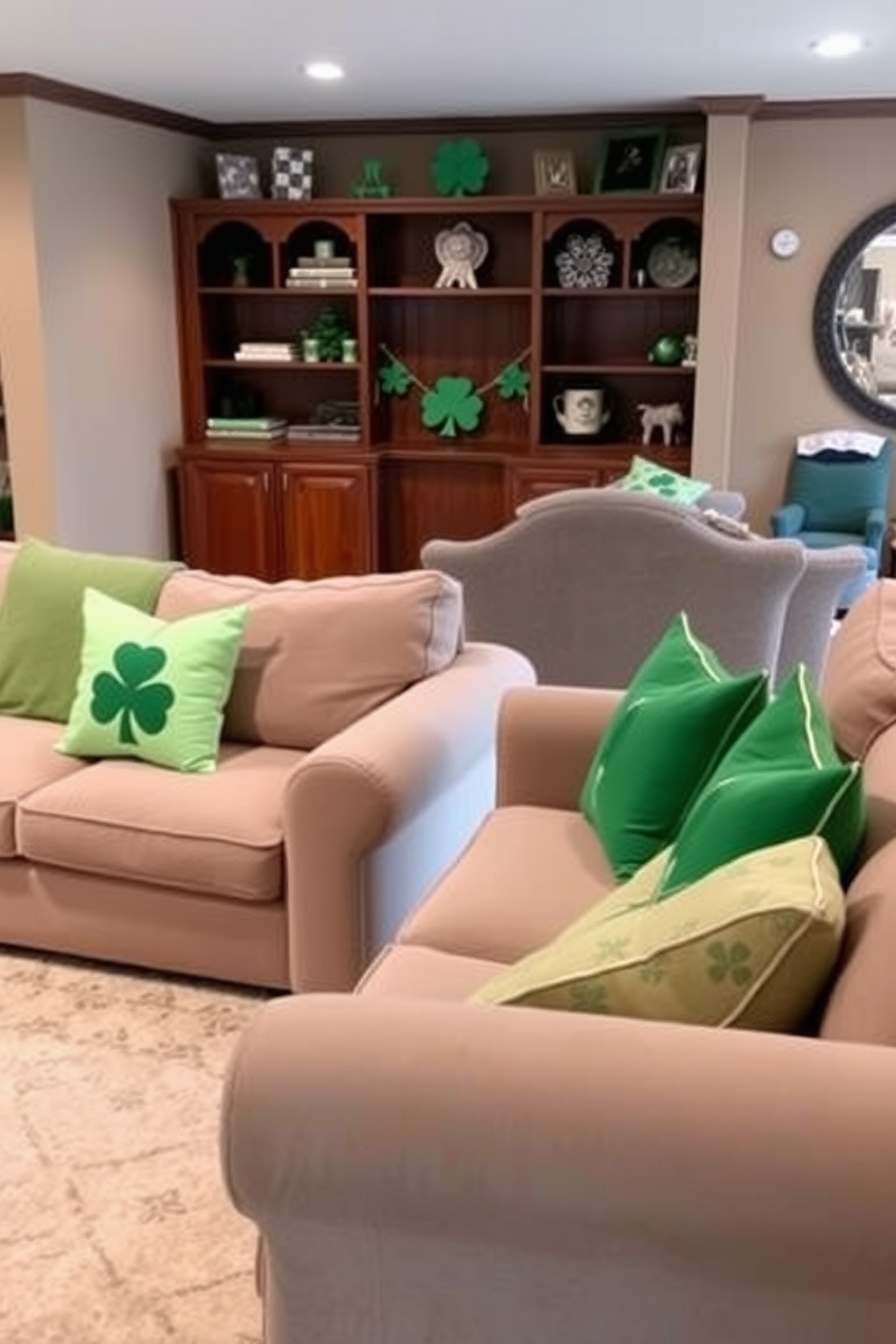 A cozy basement living area decorated for St. Patrick's Day. Festive green throw pillows are arranged on the sofas, adding a touch of holiday spirit to the space.