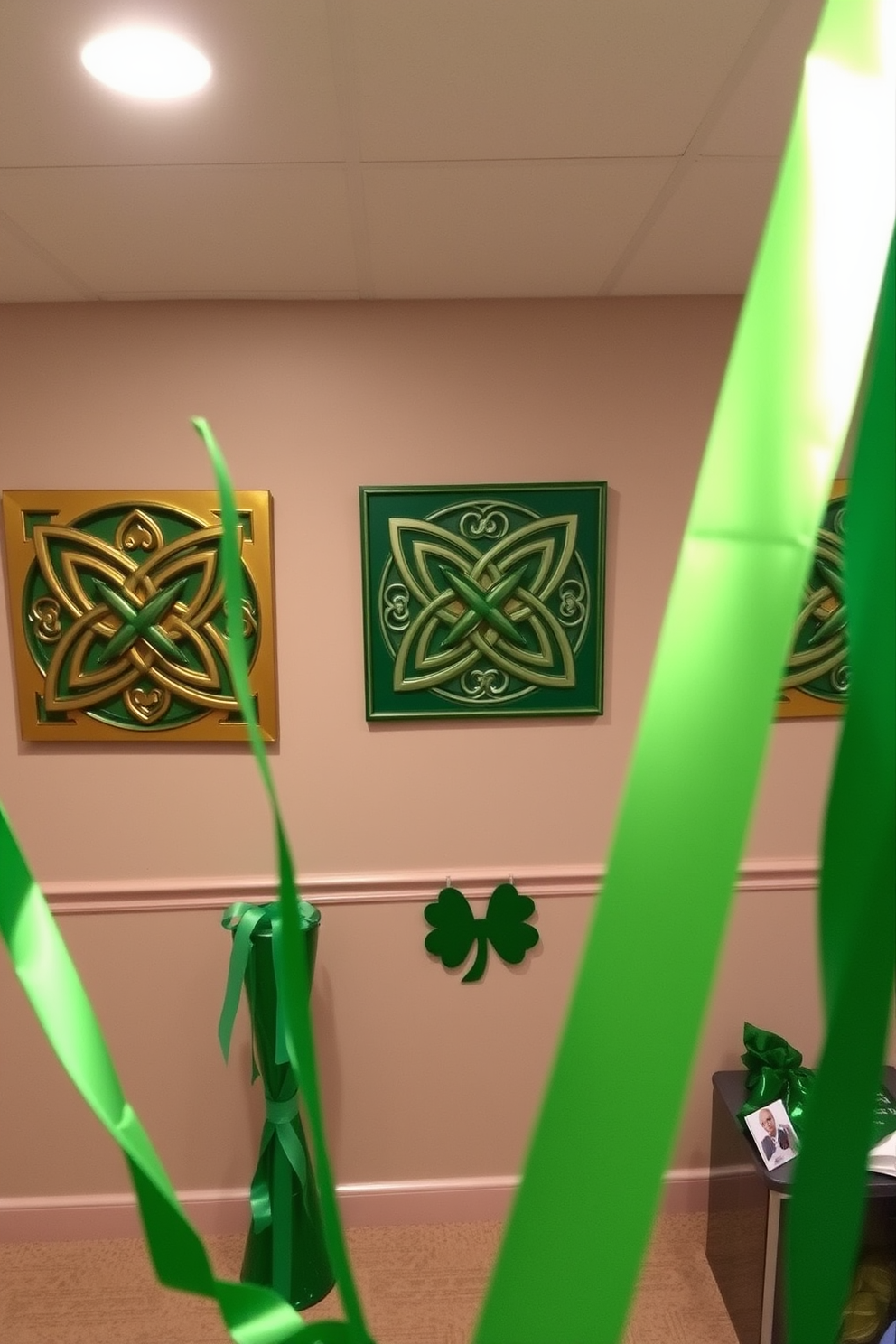 Celtic knot artwork adorns the walls, showcasing intricate designs in shades of green and gold. The artwork adds a touch of elegance and cultural heritage to the space, creating a focal point in the room. For St. Patrick's Day, the basement is transformed with festive decorations. Green streamers hang from the ceiling, and shamrock-themed accents are scattered throughout, enhancing the celebratory atmosphere.