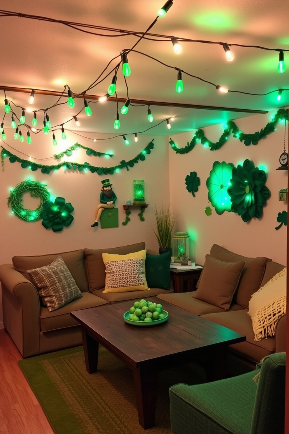 Create a cozy basement setting decorated for St. Patrick's Day. String lights with green bulbs hang from the ceiling, casting a warm glow over the space. Festive green and gold decorations adorn the walls, including shamrocks and leprechaun figurines. A comfortable seating area features plush cushions and a rustic coffee table, perfect for gathering with friends.