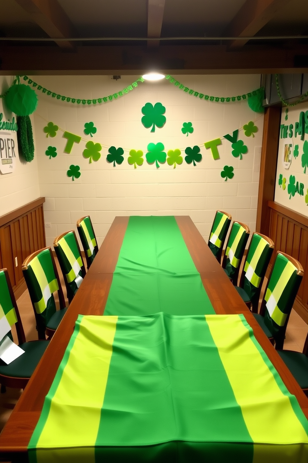 A festive basement setting adorned with Irish flag themed table runners draped elegantly across a long wooden table. The walls are decorated with cheerful St. Patrick's Day decorations, featuring shamrocks and green accents that create a lively atmosphere.