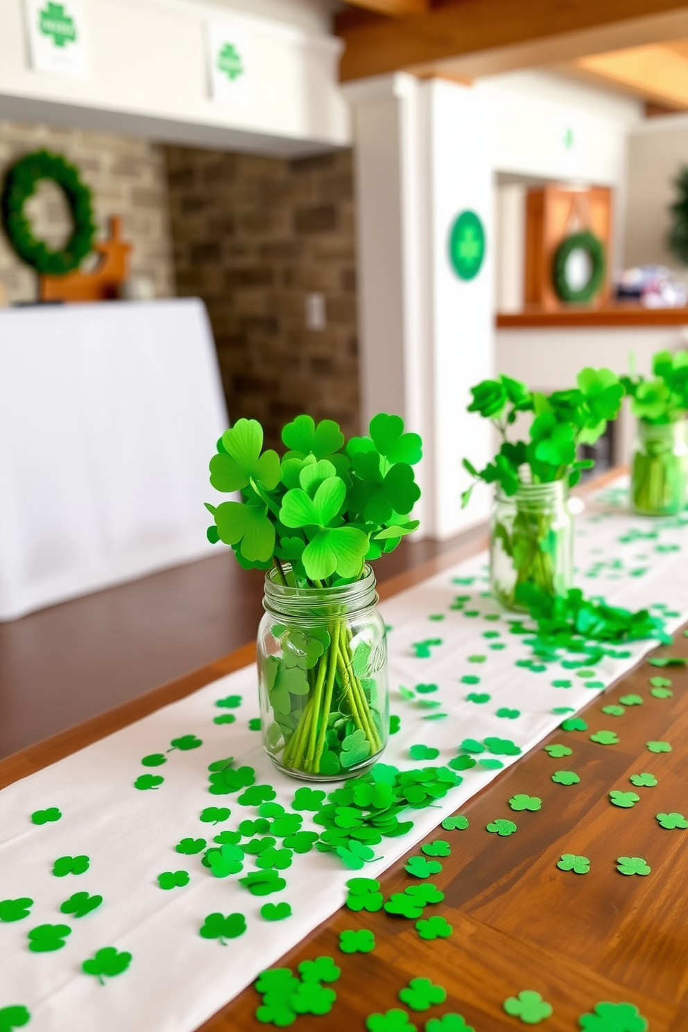 A cozy basement decorated for St. Patrick's Day. Green fairy lights twinkle around the room, casting a festive glow on the walls adorned with shamrock decorations. A rustic wooden table is set with green and gold accents, featuring a centerpiece of fresh flowers and candles. The space is enhanced by plush seating, inviting friends and family to gather and celebrate.