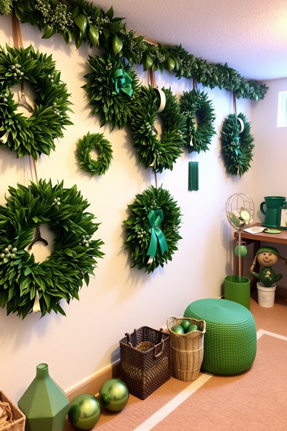 Create a cozy basement space decorated for St. Patrick's Day. Incorporate wreaths made of lush green foliage hanging on the walls, complemented by festive green and gold accents throughout the room.