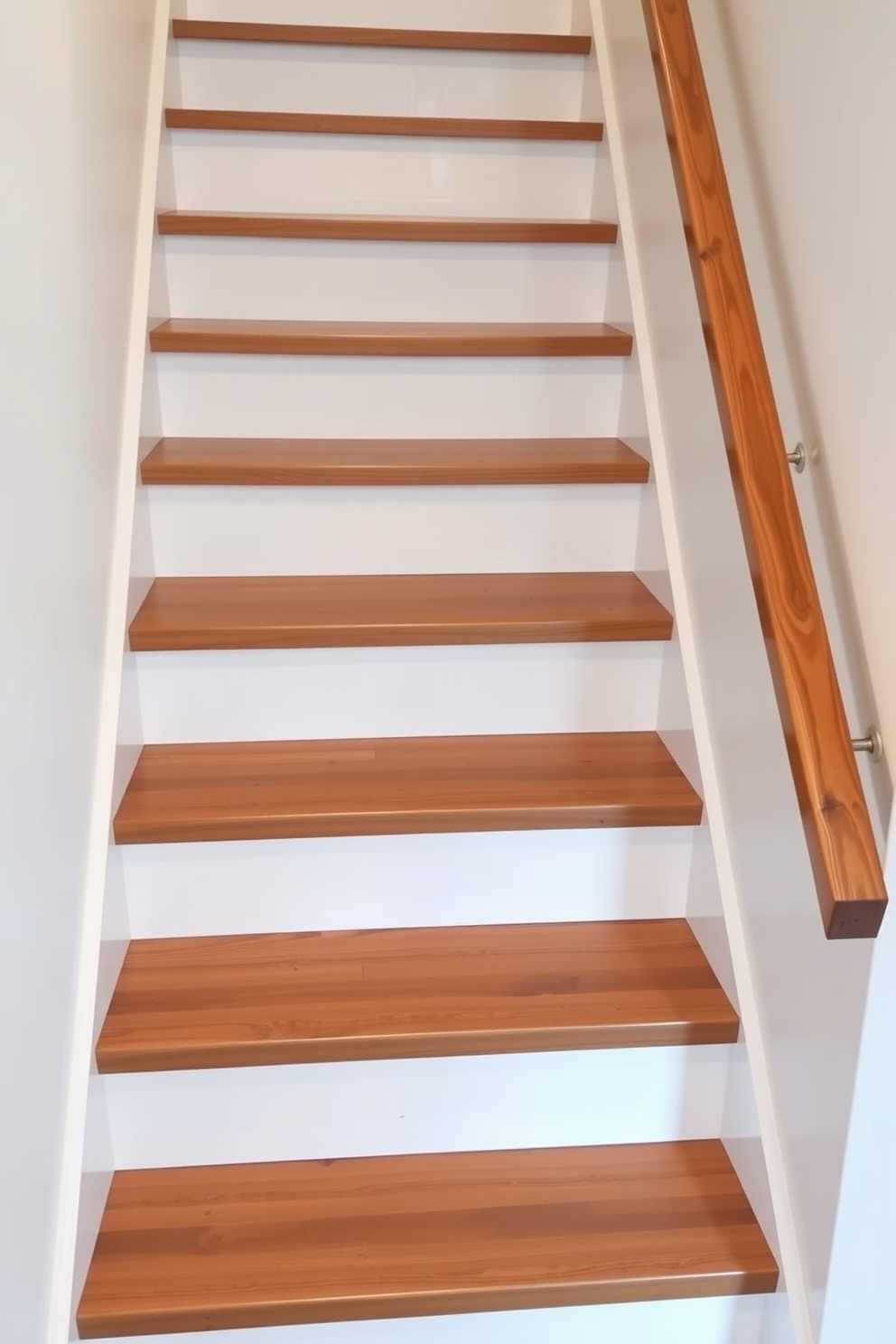 A stylish basement staircase features wooden treads that add warmth and elegance to the space. A soft carpet runner runs down the center, providing comfort and a pop of color against the rich wood tones.