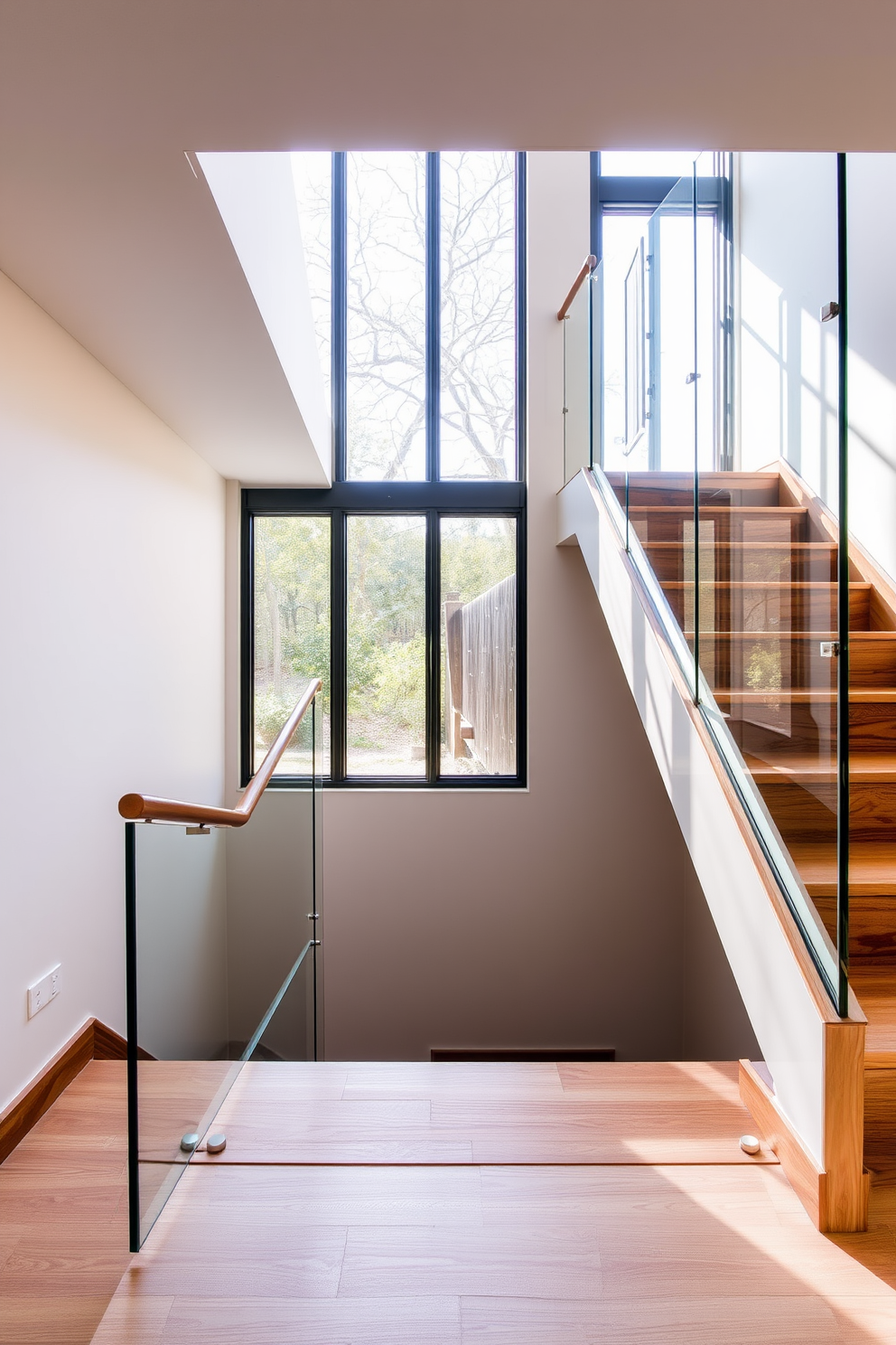 A cozy basement staircase featuring shiplap paneling that enhances the farmhouse charm. Soft lighting illuminates the steps, creating a warm and inviting atmosphere. The walls are adorned with rustic wooden accents, complementing the shiplap design. A stylish handrail made of reclaimed wood adds character and safety to the staircase.