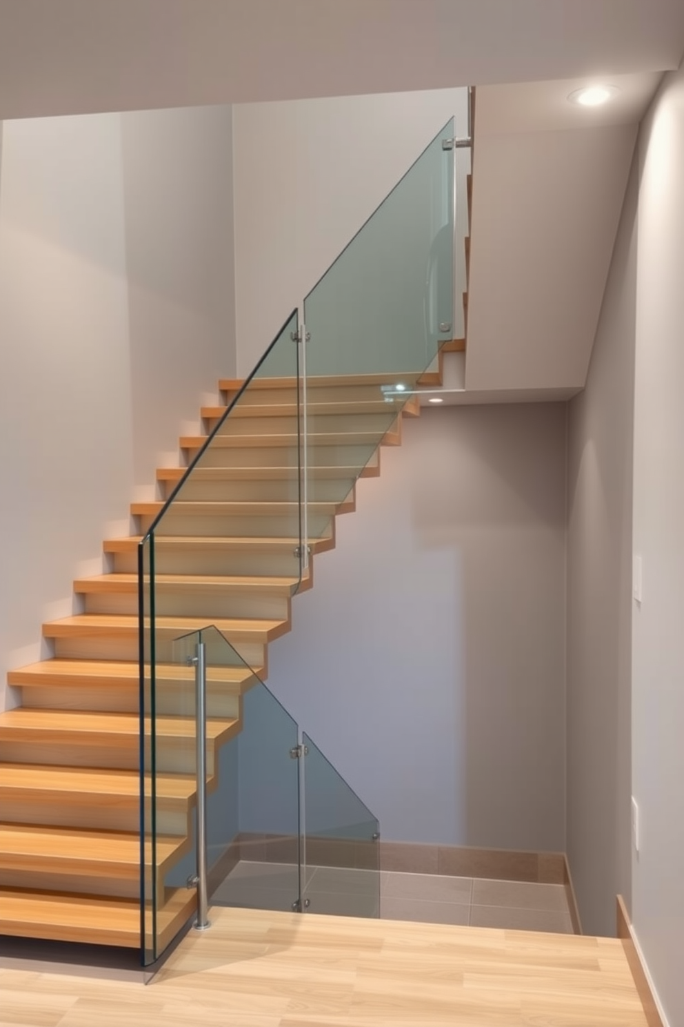 A contemporary basement staircase features floating wooden steps that create an airy and modern aesthetic. The staircase is illuminated by recessed lighting, highlighting the sleek lines and minimalist design. The walls are painted in a soft gray, providing a neutral backdrop that enhances the staircase's visual appeal. A glass railing complements the design, offering safety while maintaining an open feel.