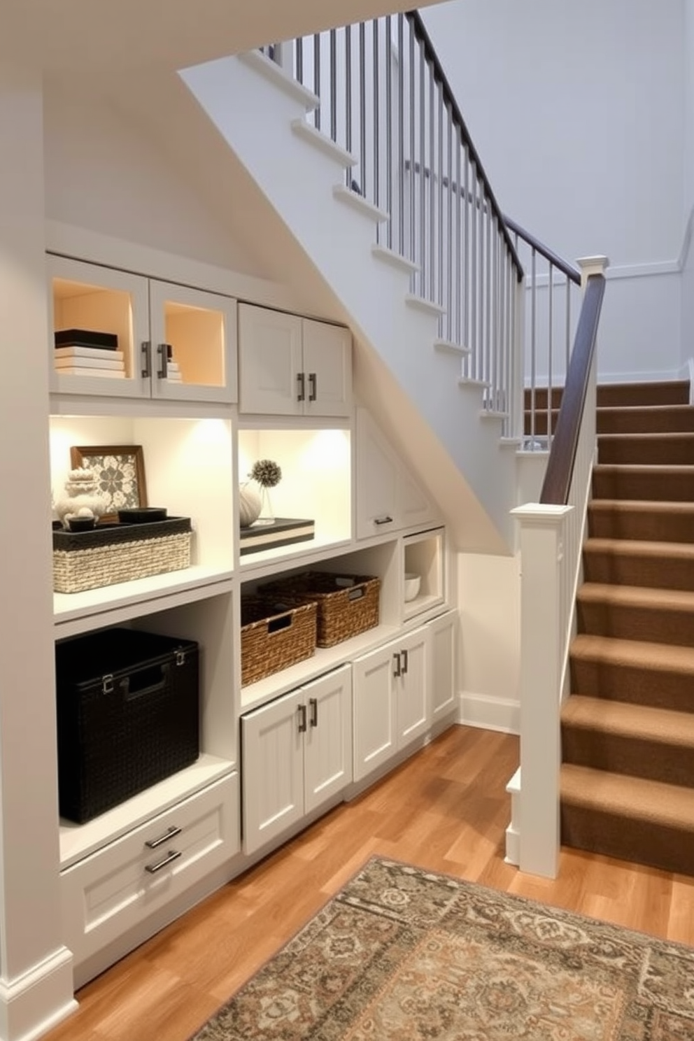 Natural wood finishes create a warm and inviting atmosphere for a basement staircase. The staircase features smooth wooden treads and risers, complemented by a handrail made of rich, dark wood that enhances the overall aesthetic. The walls are adorned with soft lighting that highlights the natural grain of the wood, creating an elegant contrast with the cooler tones of the basement. A plush runner rug in earthy tones runs down the center of the stairs, adding comfort and style to the design.