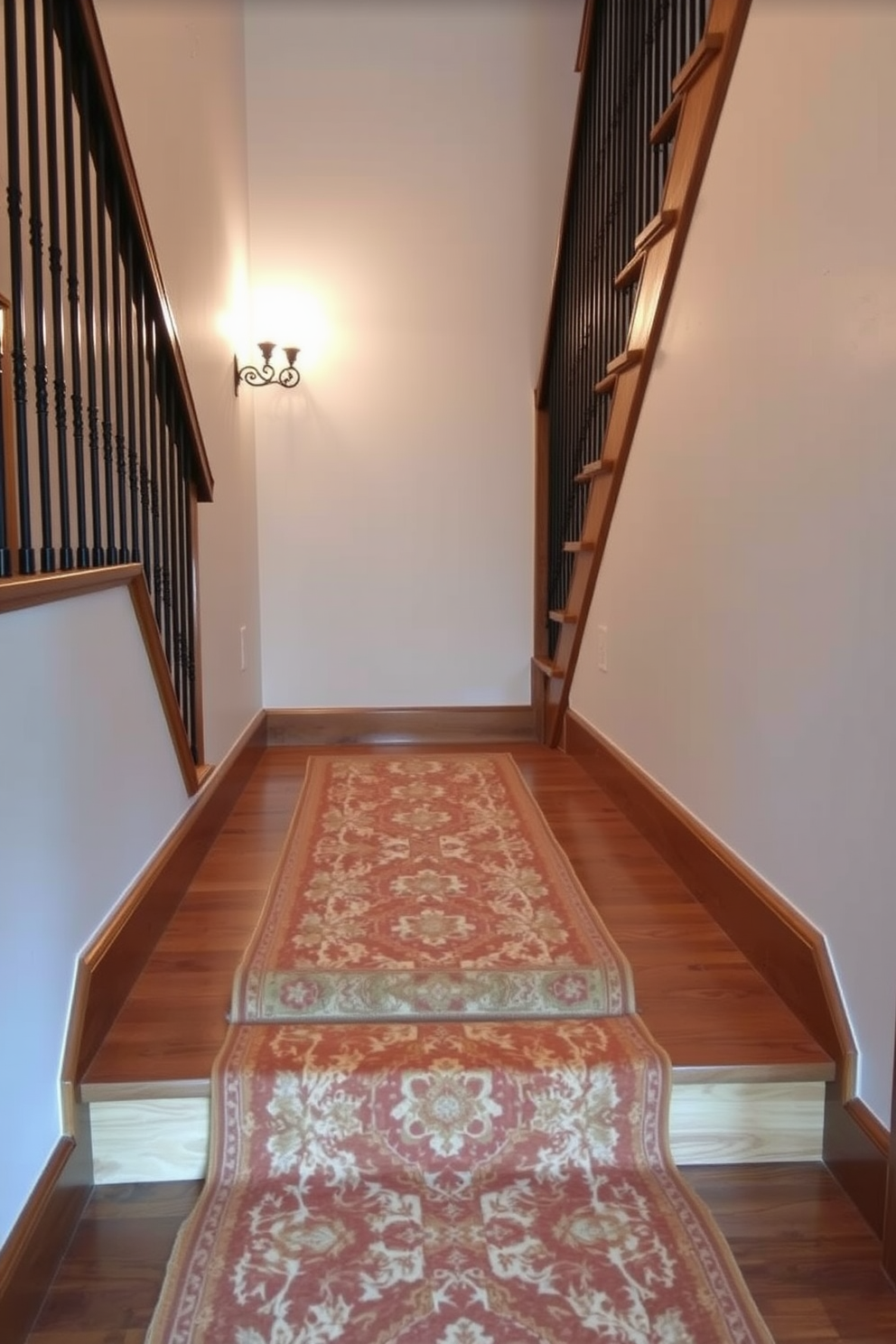 A vintage runner rug in warm earth tones stretches along the basement staircase, adding a cozy and inviting atmosphere. Soft lighting illuminates the staircase, highlighting the intricate patterns of the rug and creating a welcoming focal point. The staircase features rich wooden steps with a natural finish, complemented by a stylish wrought iron railing. Wall sconces on either side provide gentle illumination, enhancing the vintage charm of the space.