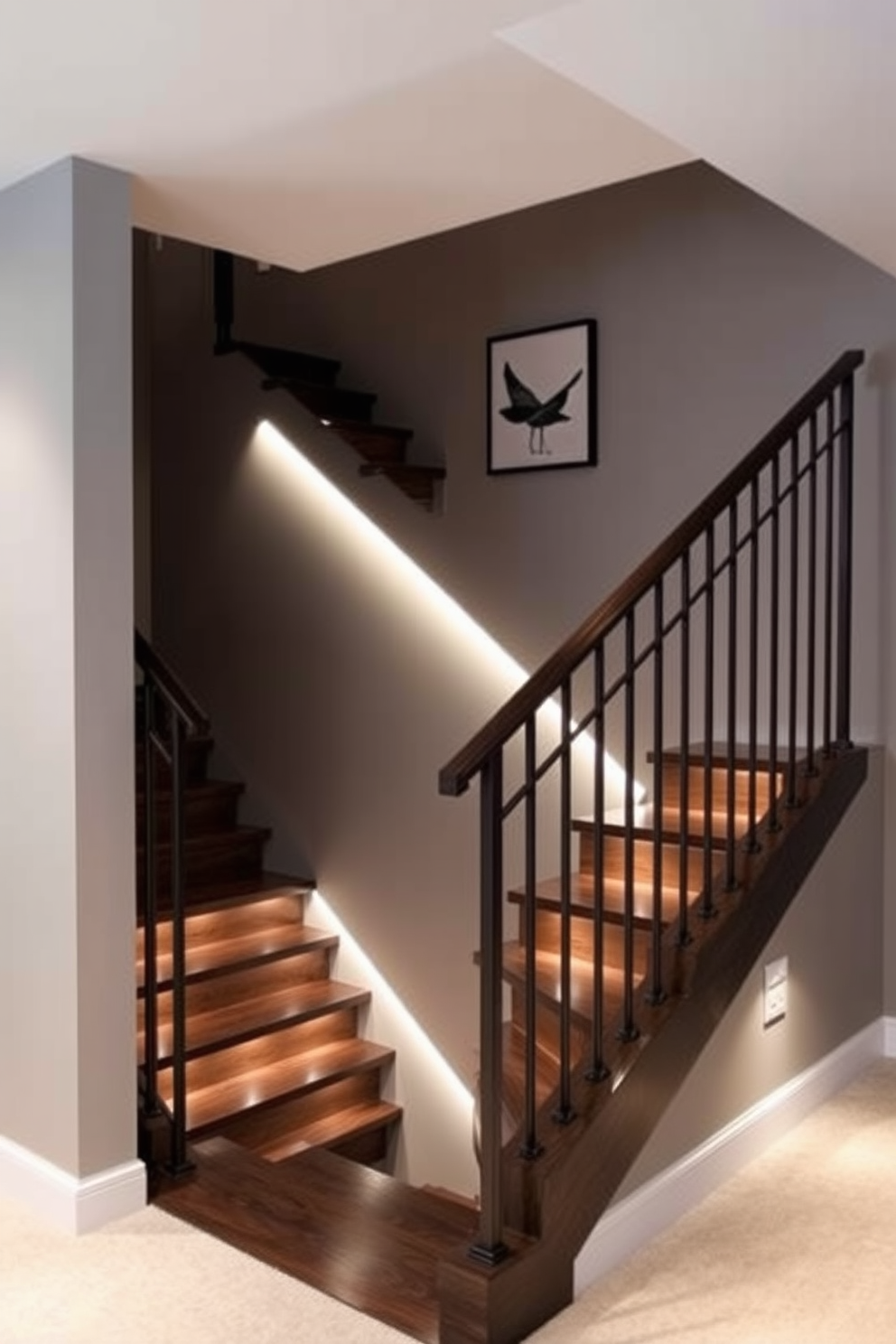 A striking basement staircase featuring a monochromatic color scheme that emphasizes elegance. The walls are painted in a soft gray, while the staircase itself is crafted from dark wood with sleek metal railings. Subtle lighting is integrated into the staircase design, illuminating the steps and creating a warm ambiance. A minimalist artwork hangs on the wall, enhancing the sophisticated atmosphere of the space.