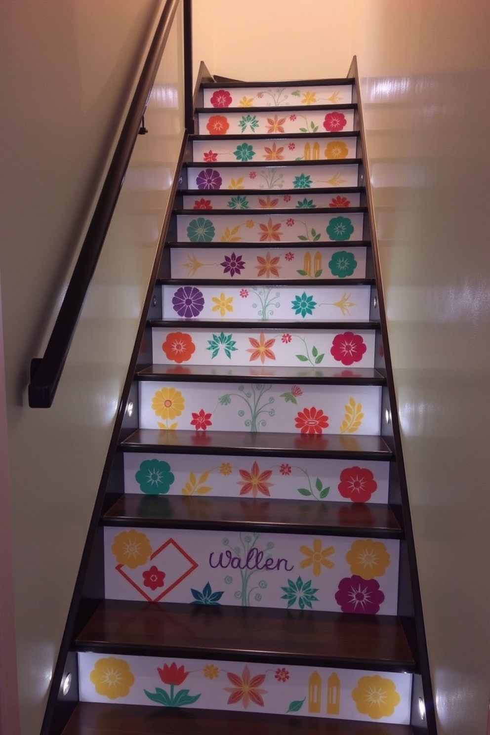 Decorative decals are applied to the risers of a basement staircase, creating a vibrant and personalized look. The decals feature a mix of geometric patterns and floral designs, adding visual interest and charm to the otherwise utilitarian space. The staircase is illuminated by soft LED lights that highlight the decals, enhancing their colors and details. The walls surrounding the staircase are painted in a neutral tone to allow the decals to stand out while maintaining a cohesive design.