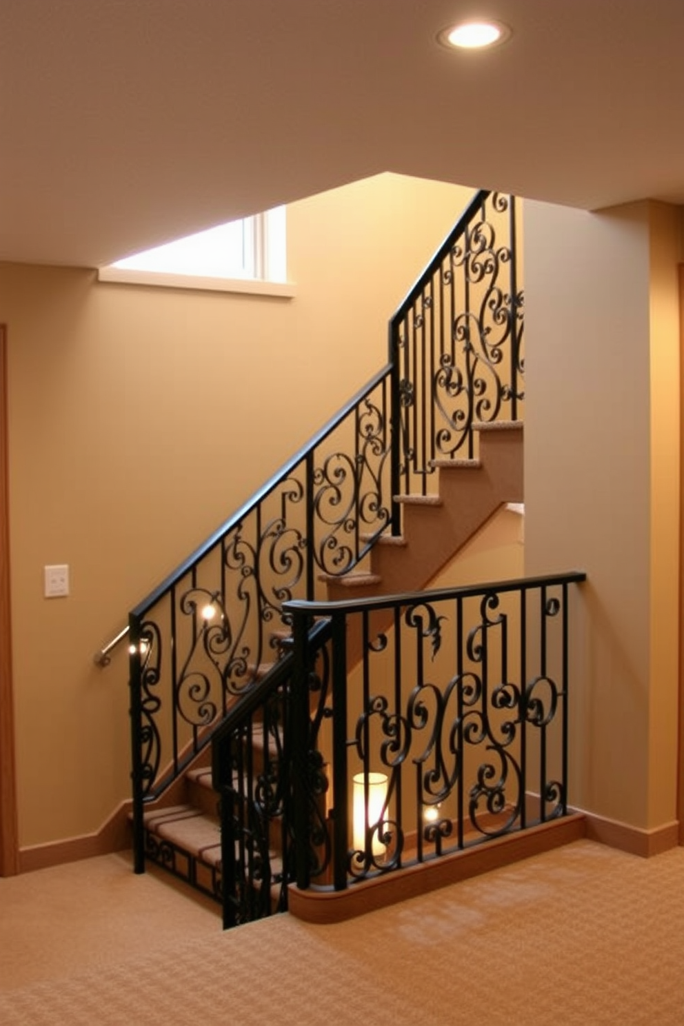 Hanging plants are suspended from the ceiling, creating a vibrant and fresh atmosphere. The greenery cascades down, adding life to the space and softening the edges of the staircase. The basement staircase features sleek wooden steps with a modern railing design. Soft, ambient lighting highlights the path, enhancing the inviting feel of the area.