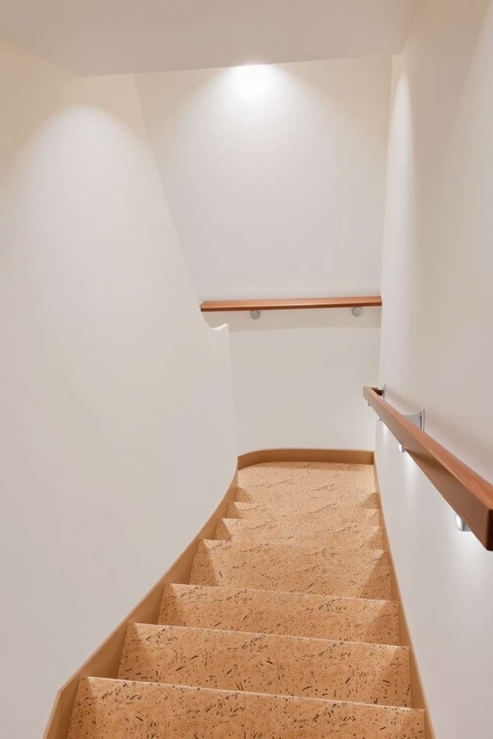 A stylish basement staircase features cork flooring that enhances sound insulation while providing a warm and inviting atmosphere. The staircase is designed with sleek wooden handrails and soft LED lighting that guides the way down.